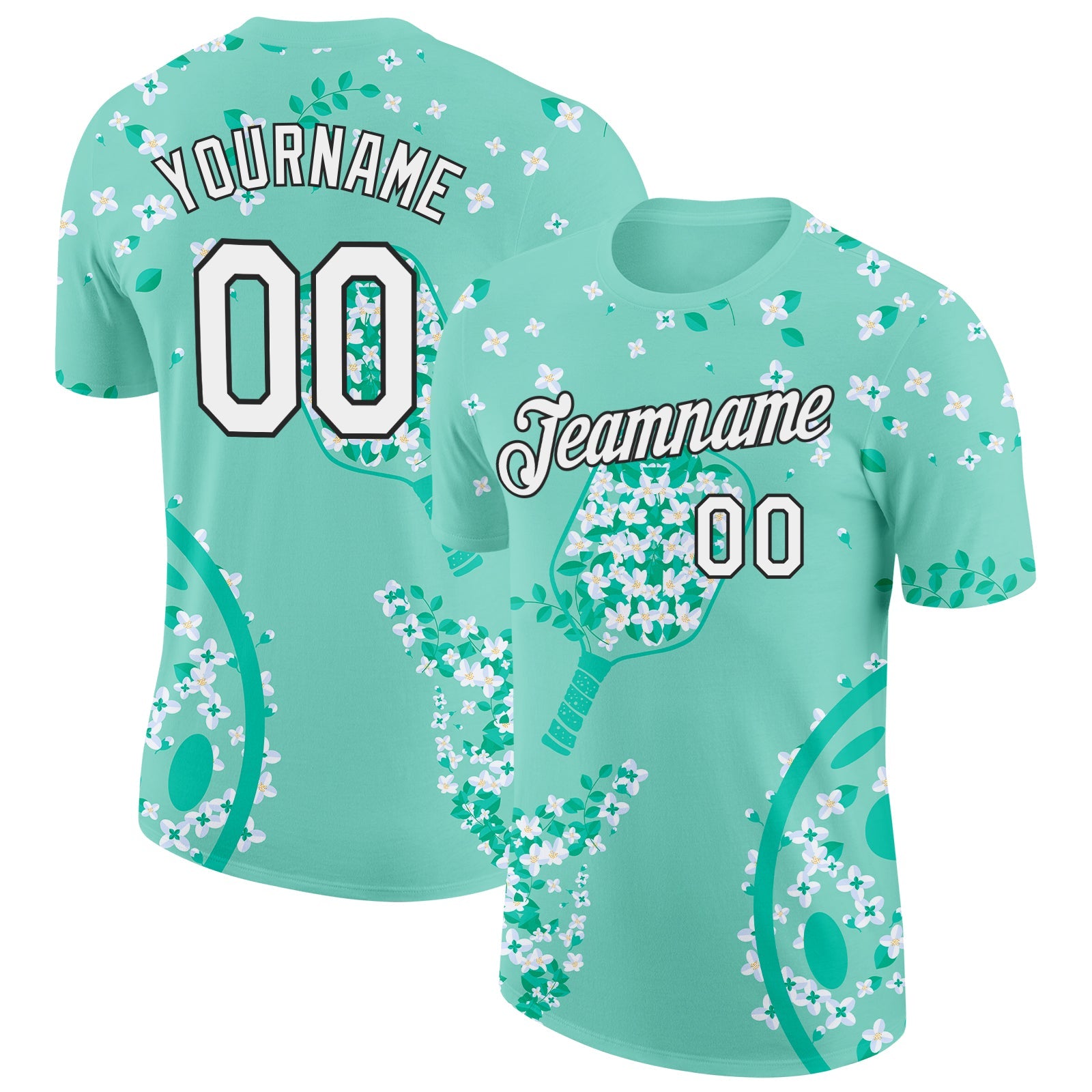 Custom Green White-Black 3D Pickleball Paddles Balls Floral Performance T-Shirt - Main View