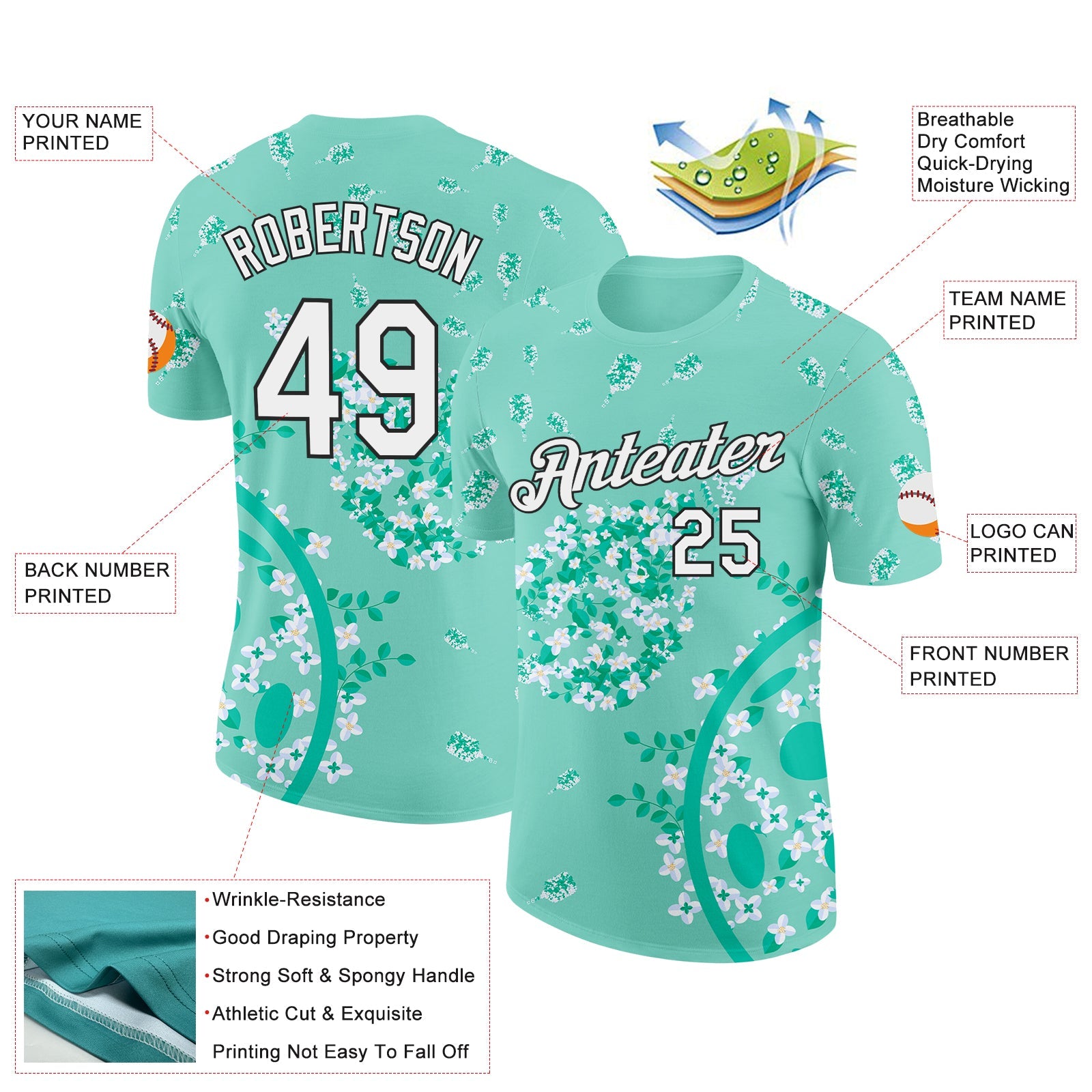 Custom Green White-Black 3D Pickleball Paddles Balls Floral Performance T-Shirt view 2