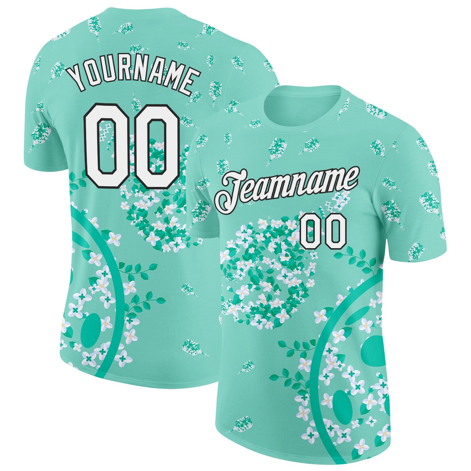 Custom Green White-Black 3D Pickleball Paddles Balls Floral Performance T-Shirt - Main View