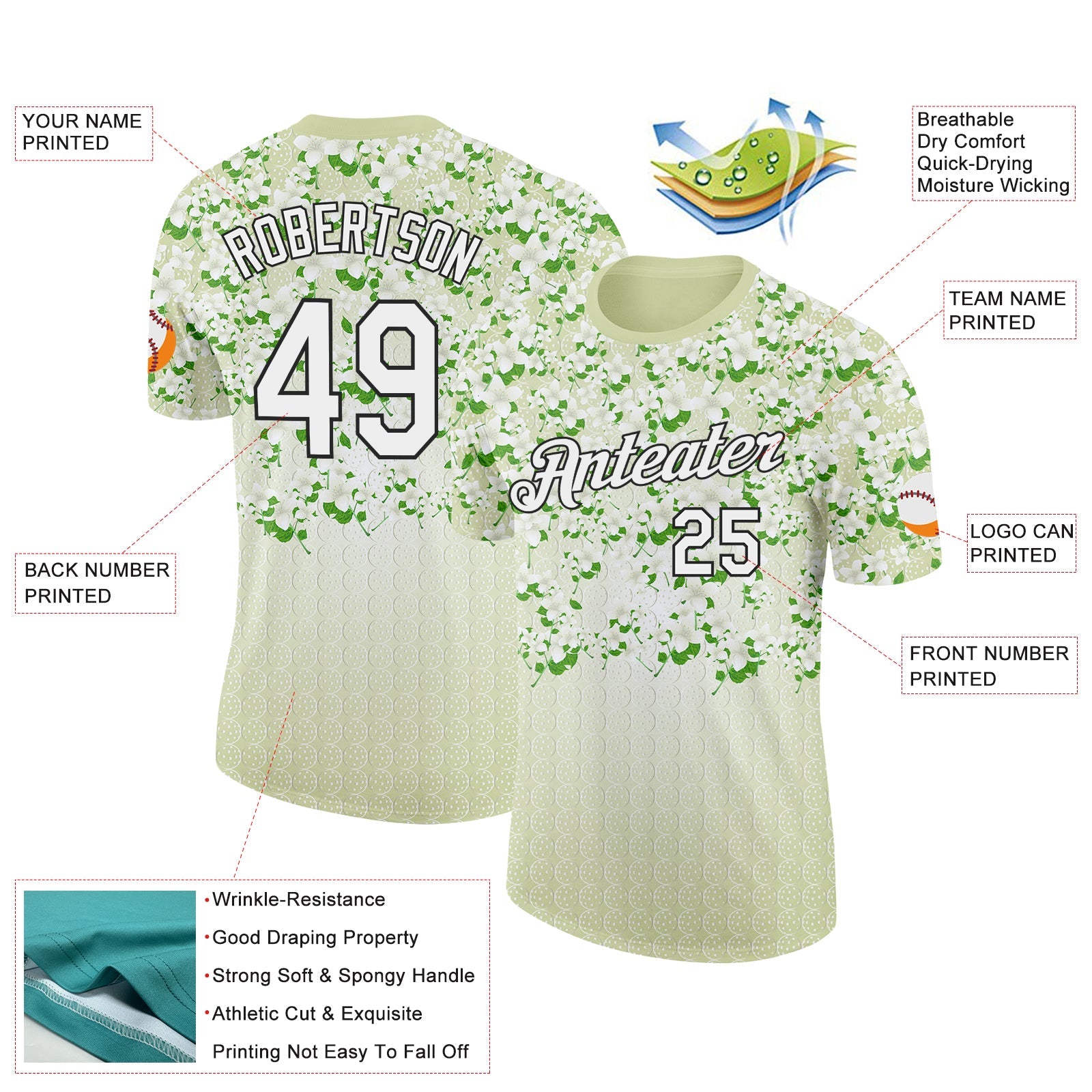 Custom Green White-Black 3D Pickleball Balls Floral Performance T-Shirt view 2