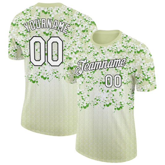 Custom Green White-Black 3D Pickleball Balls Floral Performance T-Shirt - Main View