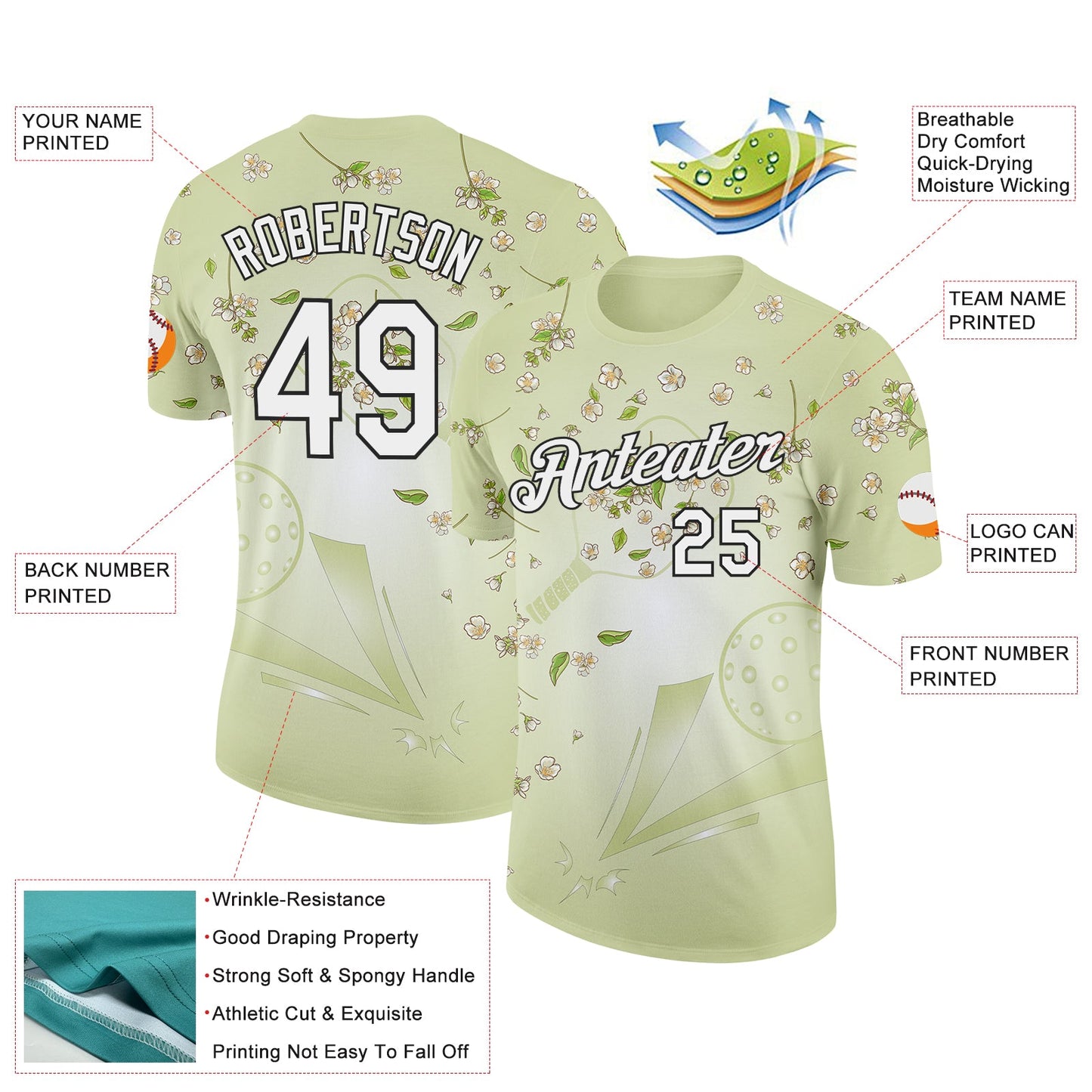 Custom Green White-Black 3D Pickleball Paddles Balls Floral Performance T-Shirt view 2