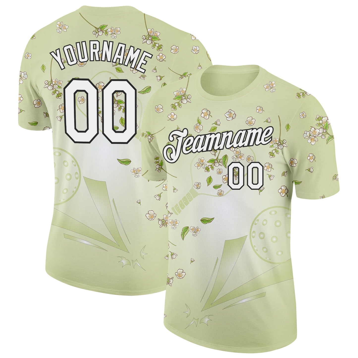 Custom Green White-Black 3D Pickleball Paddles Balls Floral Performance T-Shirt - Main View