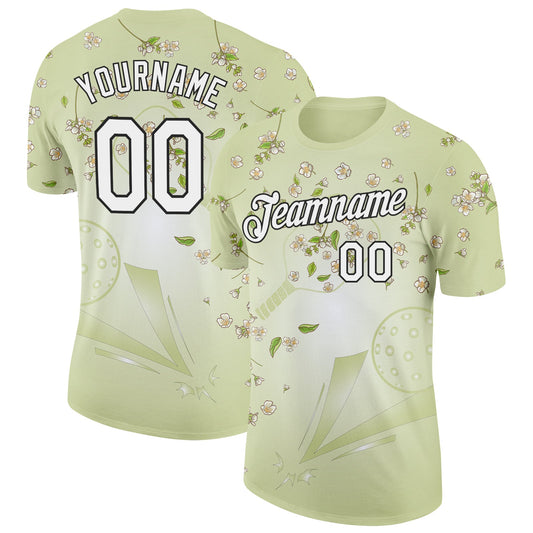 Custom Green White-Black 3D Pickleball Paddles Balls Floral Performance T-Shirt - Main View