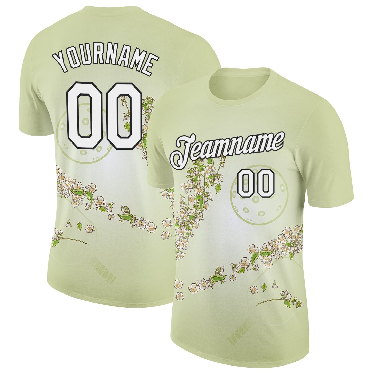 Custom Green White-Black 3D Pickleball Paddles Balls Floral Performance T-Shirt - Main View