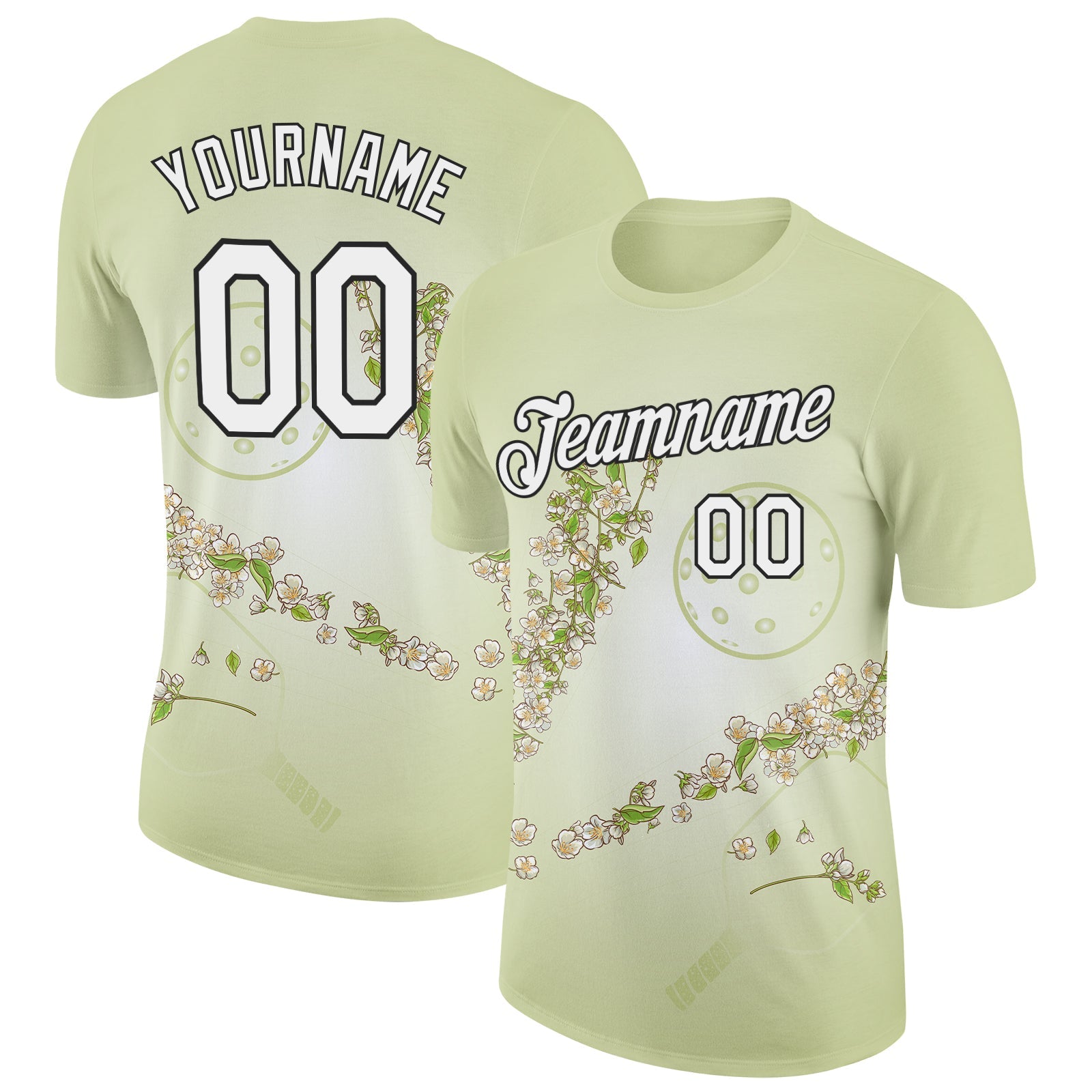 Custom Green White-Black 3D Pickleball Paddles Balls Floral Performance T-Shirt - Main View