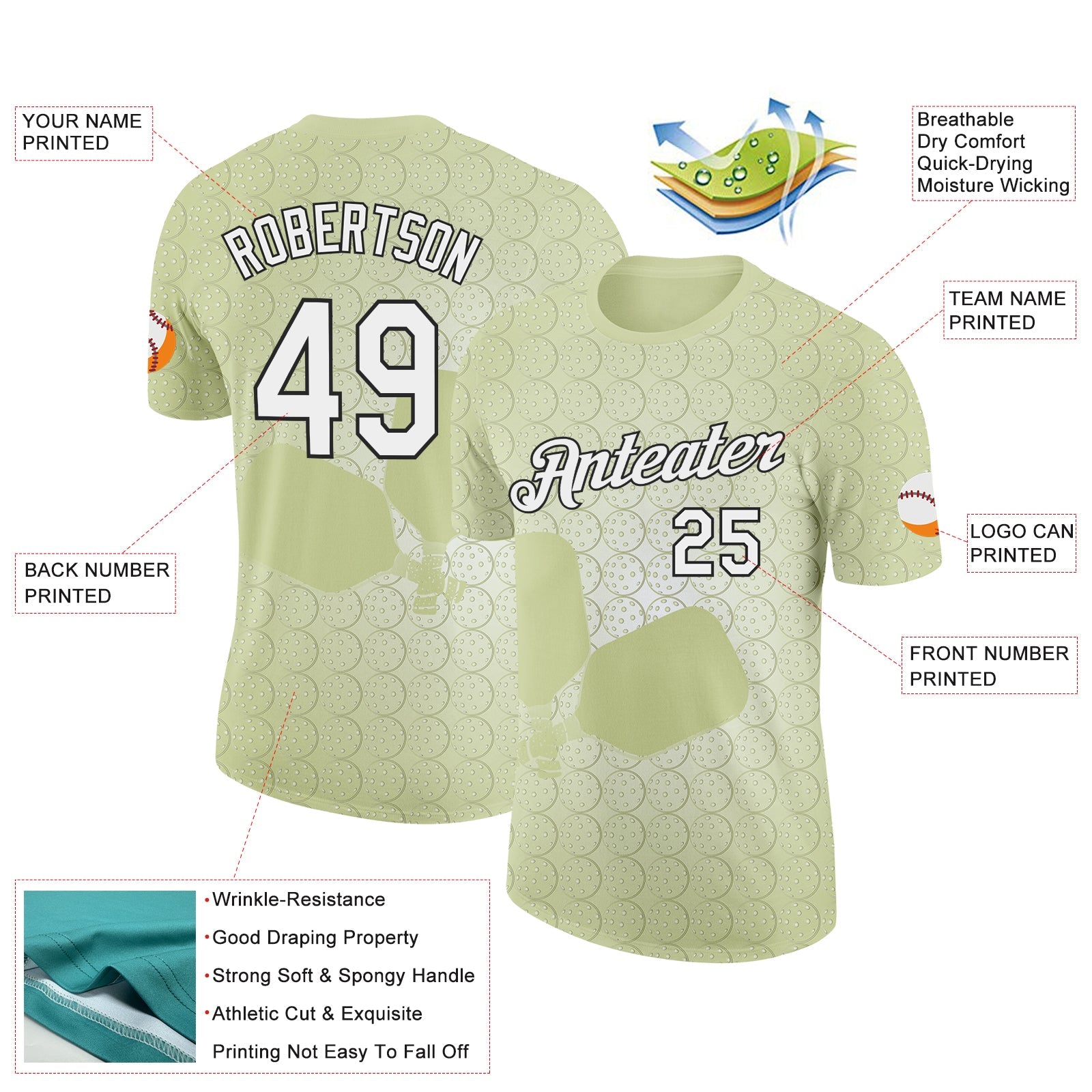 Custom Green White-Black 3D Pickleball Paddles Balls Performance T-Shirt view 2