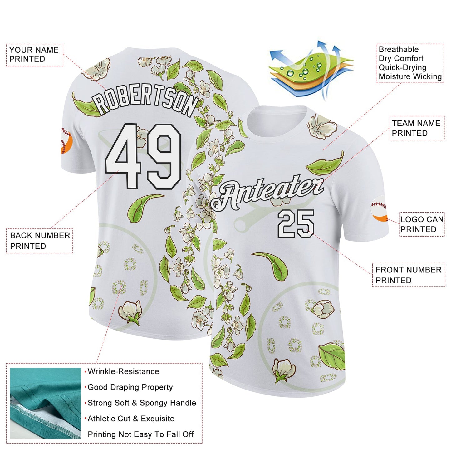 Custom White Black 3D Pickleball Paddles Balls Floral Performance T-Shirt view 2