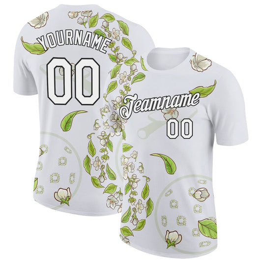 Custom White Black 3D Pickleball Paddles Balls Floral Performance T-Shirt - Main View