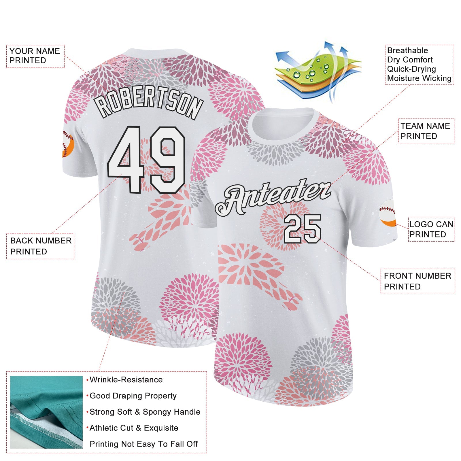 Custom White Black 3D Pickleball Paddles Balls Floral Performance T-Shirt view 2