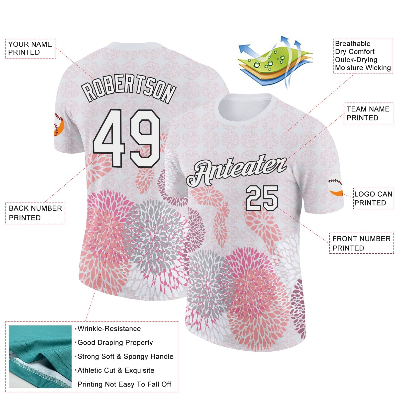 Custom White Black 3D Pickleball Paddles Balls Floral Performance T-Shirt view 2