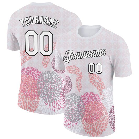 Custom White Black 3D Pickleball Paddles Balls Floral Performance T-Shirt - Main View