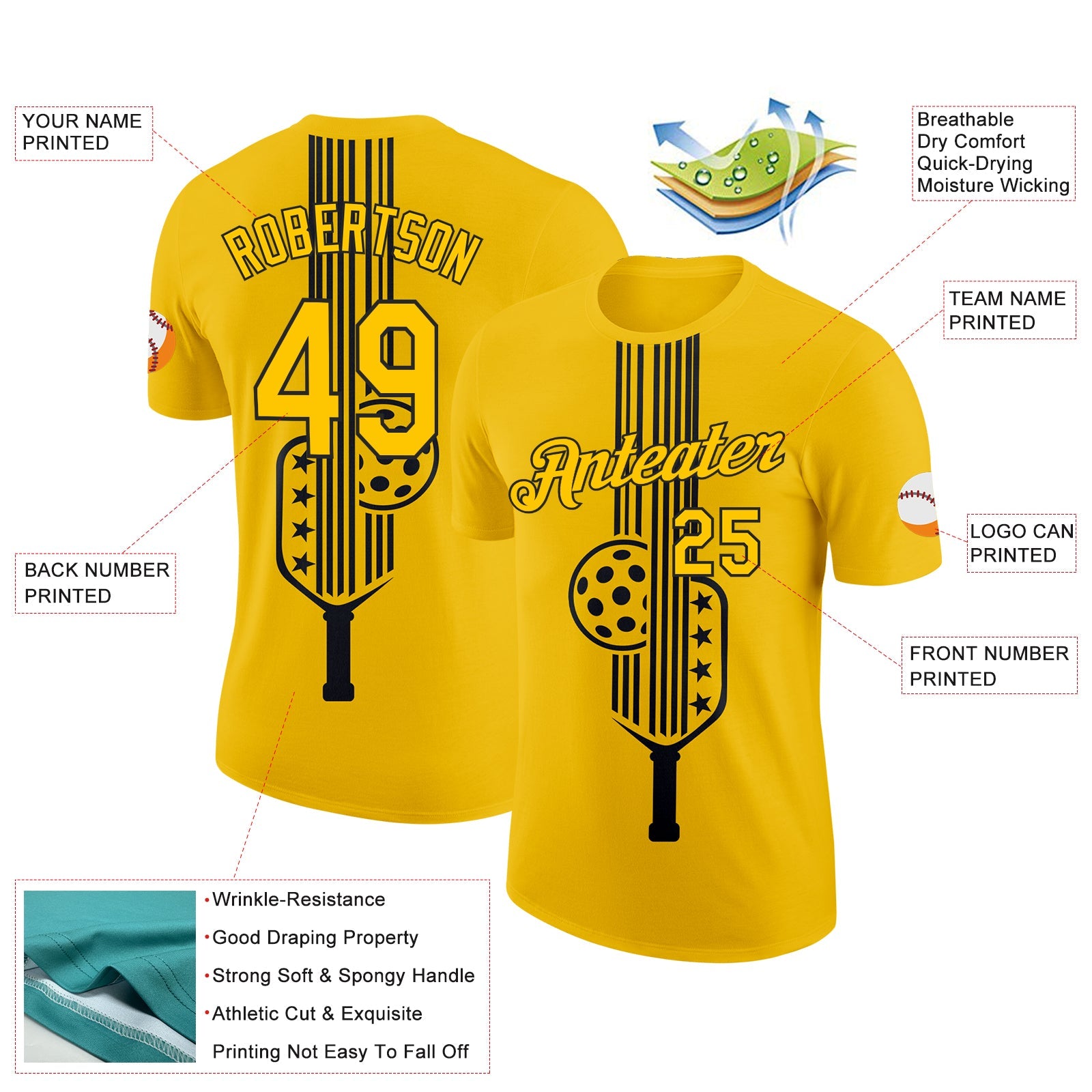 Custom Yellow Black 3D Pickleball Paddles Balls Performance T-Shirt view 2