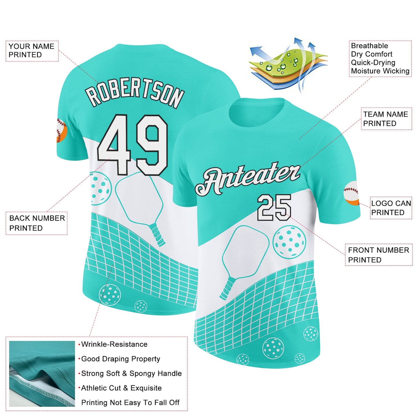 Custom Green White-Black 3D Pickleball Paddles Balls Performance T-Shirt view 2