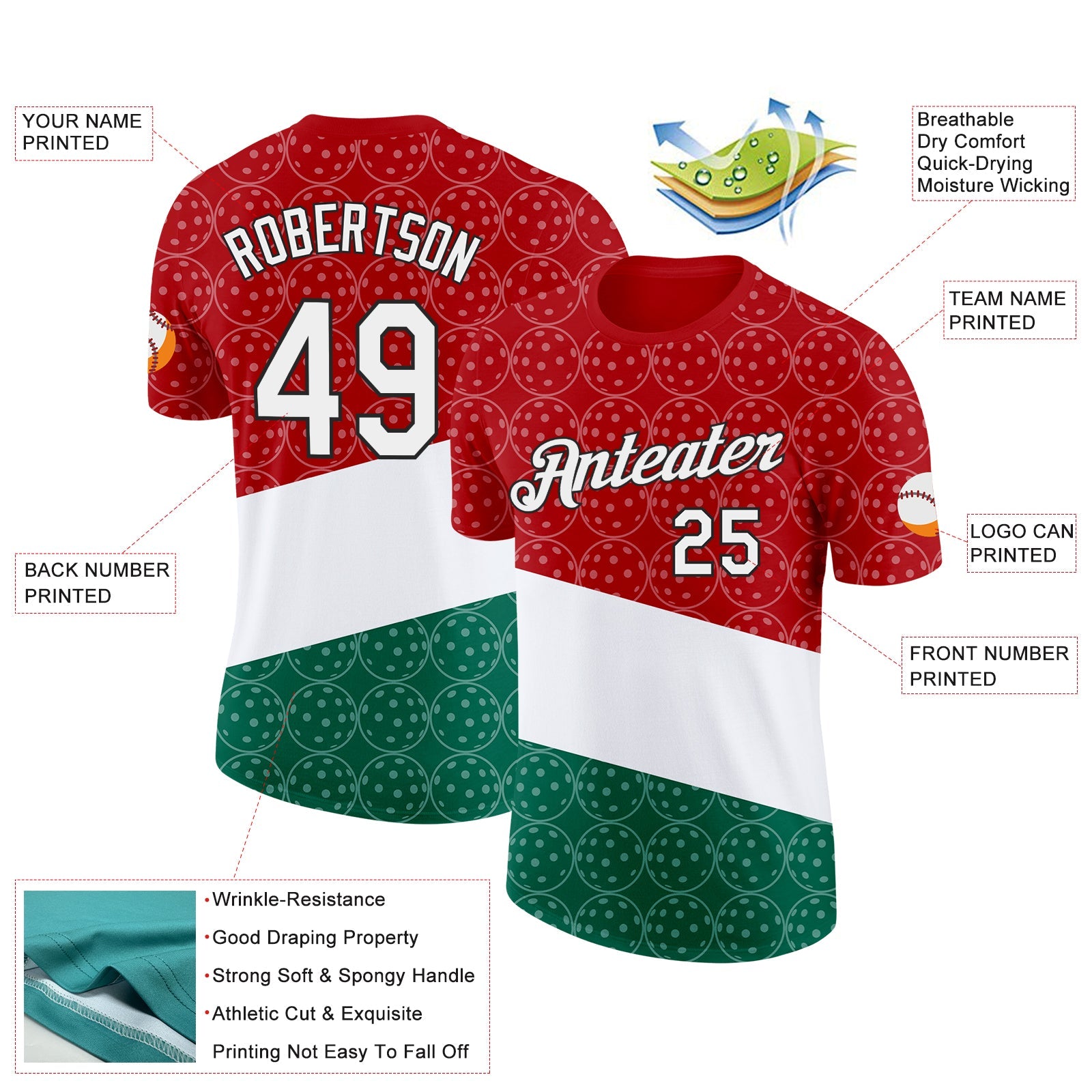 Custom Red White Green-Black 3D Pickleball Balls Performance T-Shirt view 2