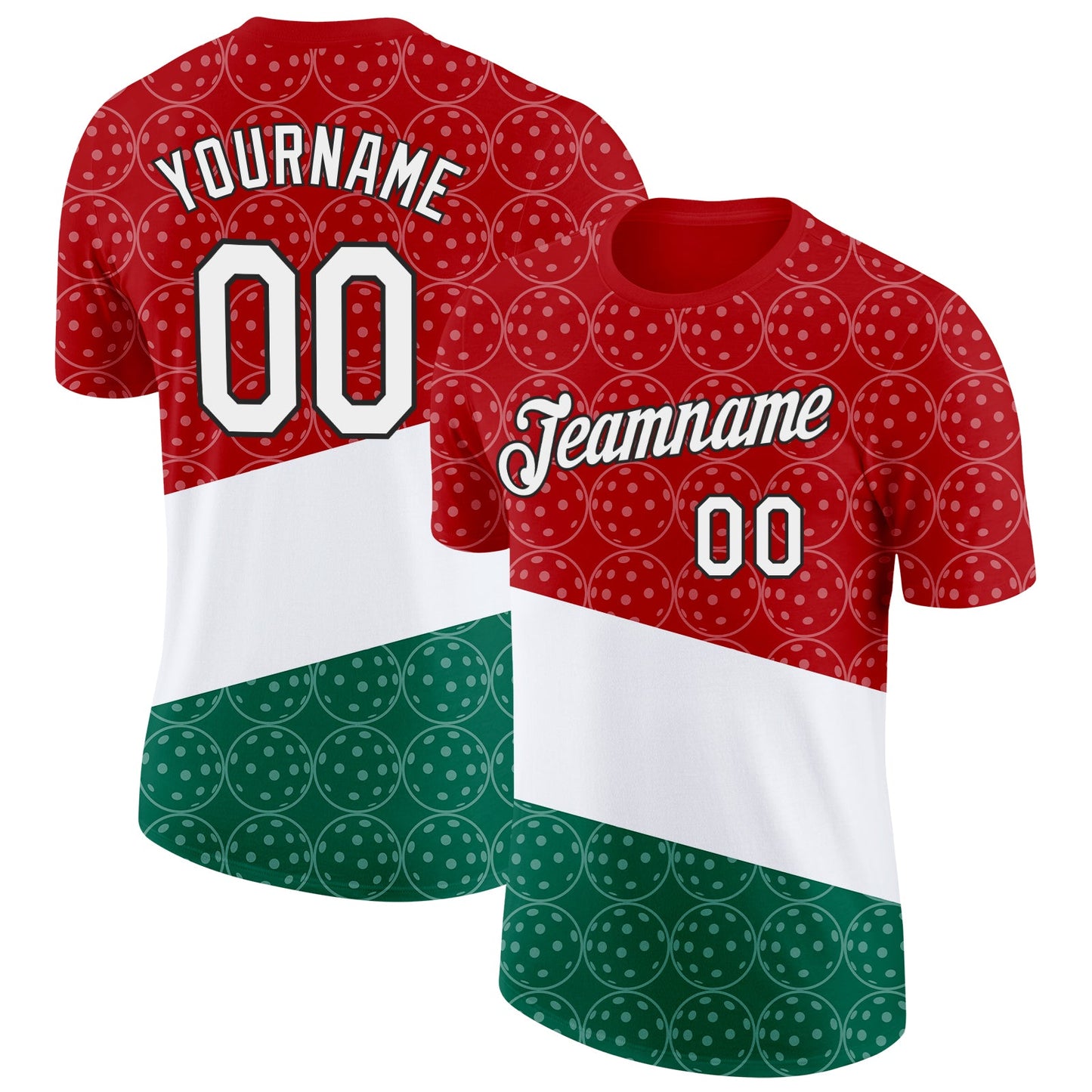 Custom Red White Green-Black 3D Pickleball Balls Performance T-Shirt - Main View