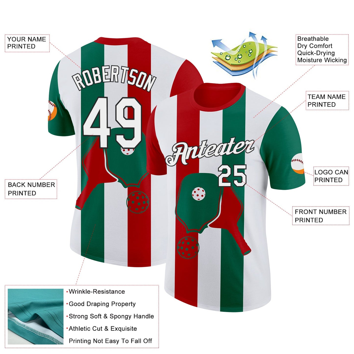Custom Red White Green-Black 3D Pickleball Paddles Balls Performance T-Shirt view 2