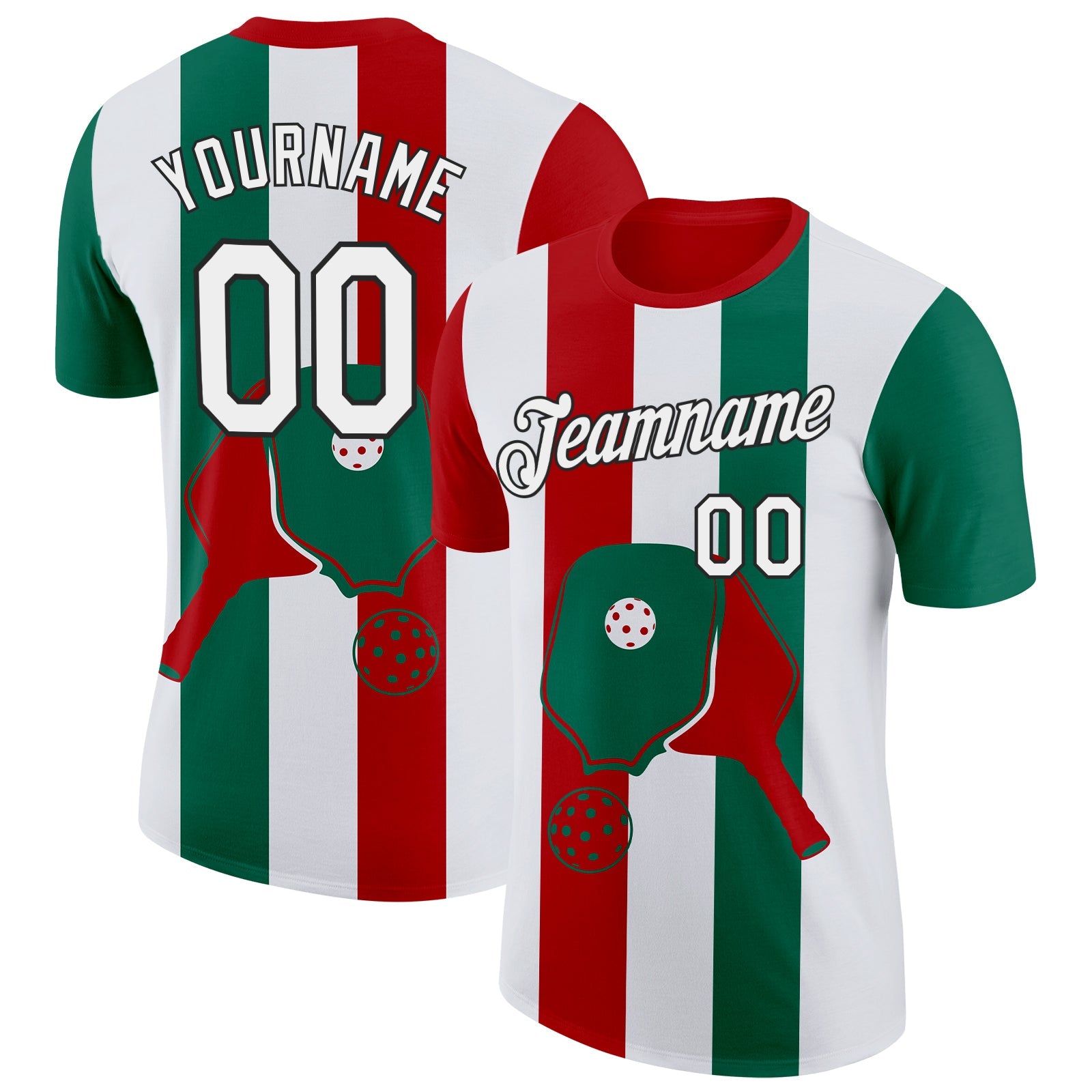 Custom Red White Green-Black 3D Pickleball Paddles Balls Performance T-Shirt - Main View