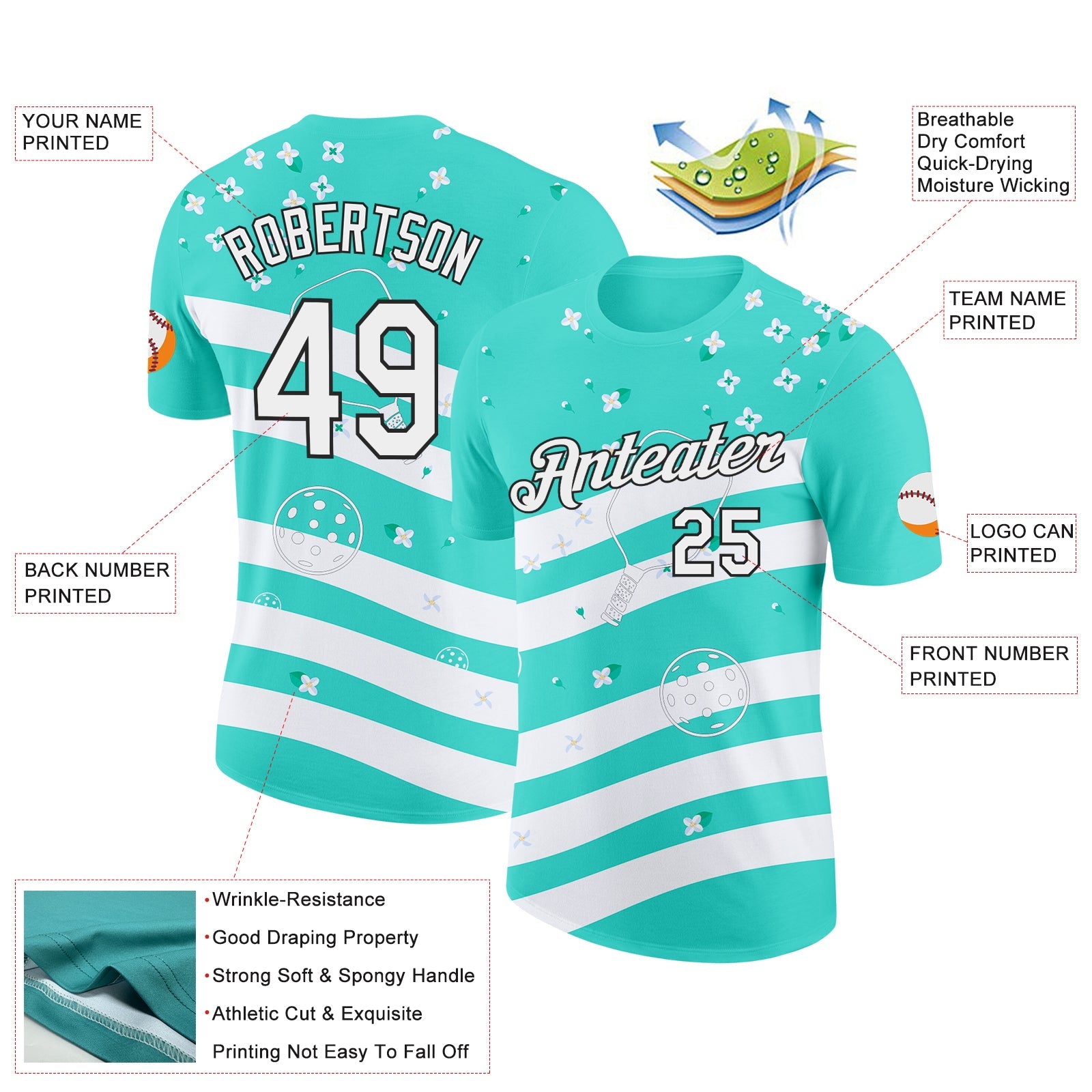 Custom Green White-Black 3D Pickleball Paddles Balls Floral Performance T-Shirt view 2