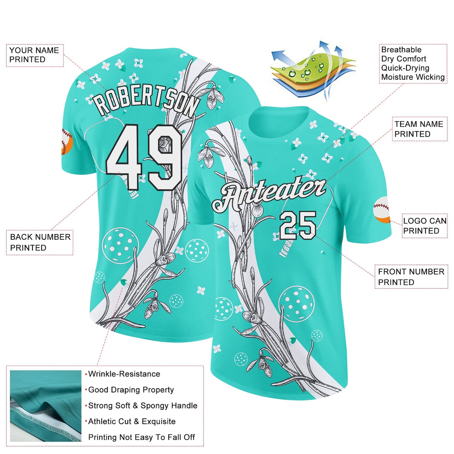 Custom Green White-Black 3D Pickleball Paddles Balls Floral Performance T-Shirt view 2