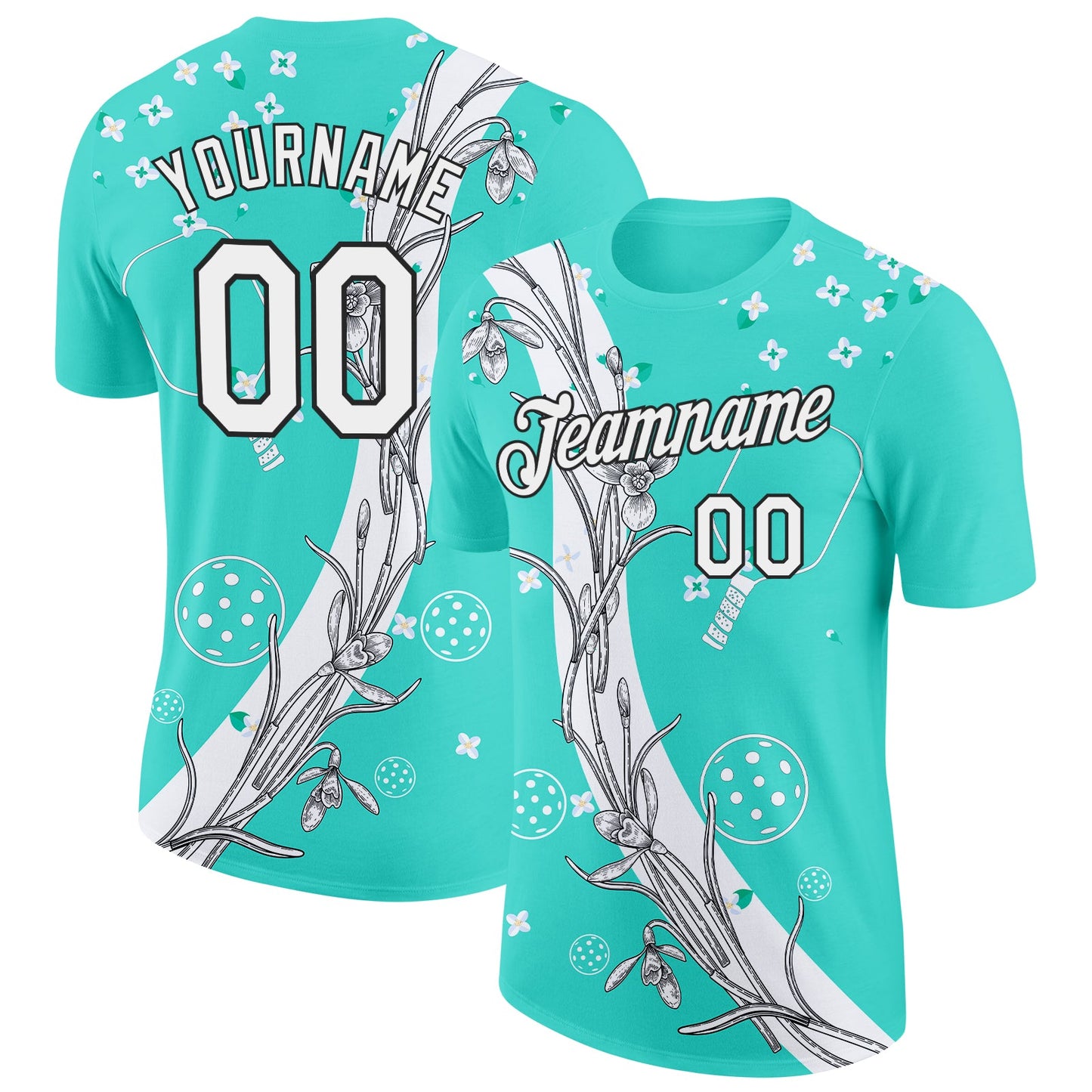 Custom Green White-Black 3D Pickleball Paddles Balls Floral Performance T-Shirt - Main View