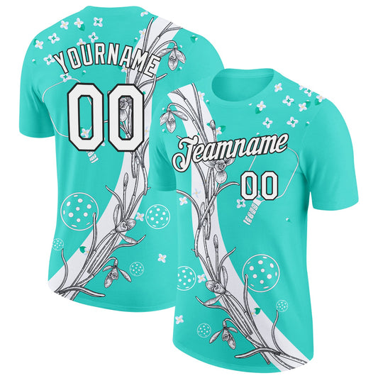 Custom Green White-Black 3D Pickleball Paddles Balls Floral Performance T-Shirt - Main View