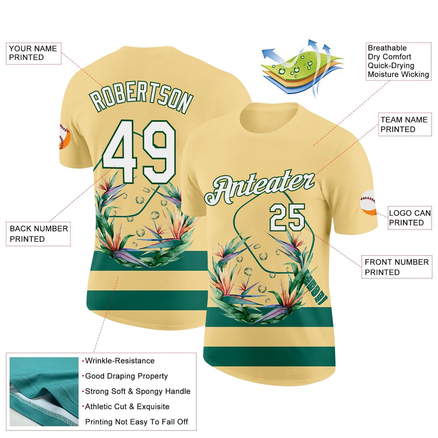 Custom Yellow White-Green 3D Pickleball Paddles Balls Floral Performance T-Shirt view 2