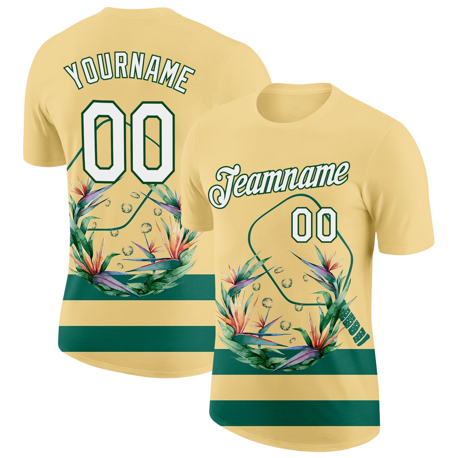Custom Yellow White-Green 3D Pickleball Paddles Balls Floral Performance T-Shirt - Main View