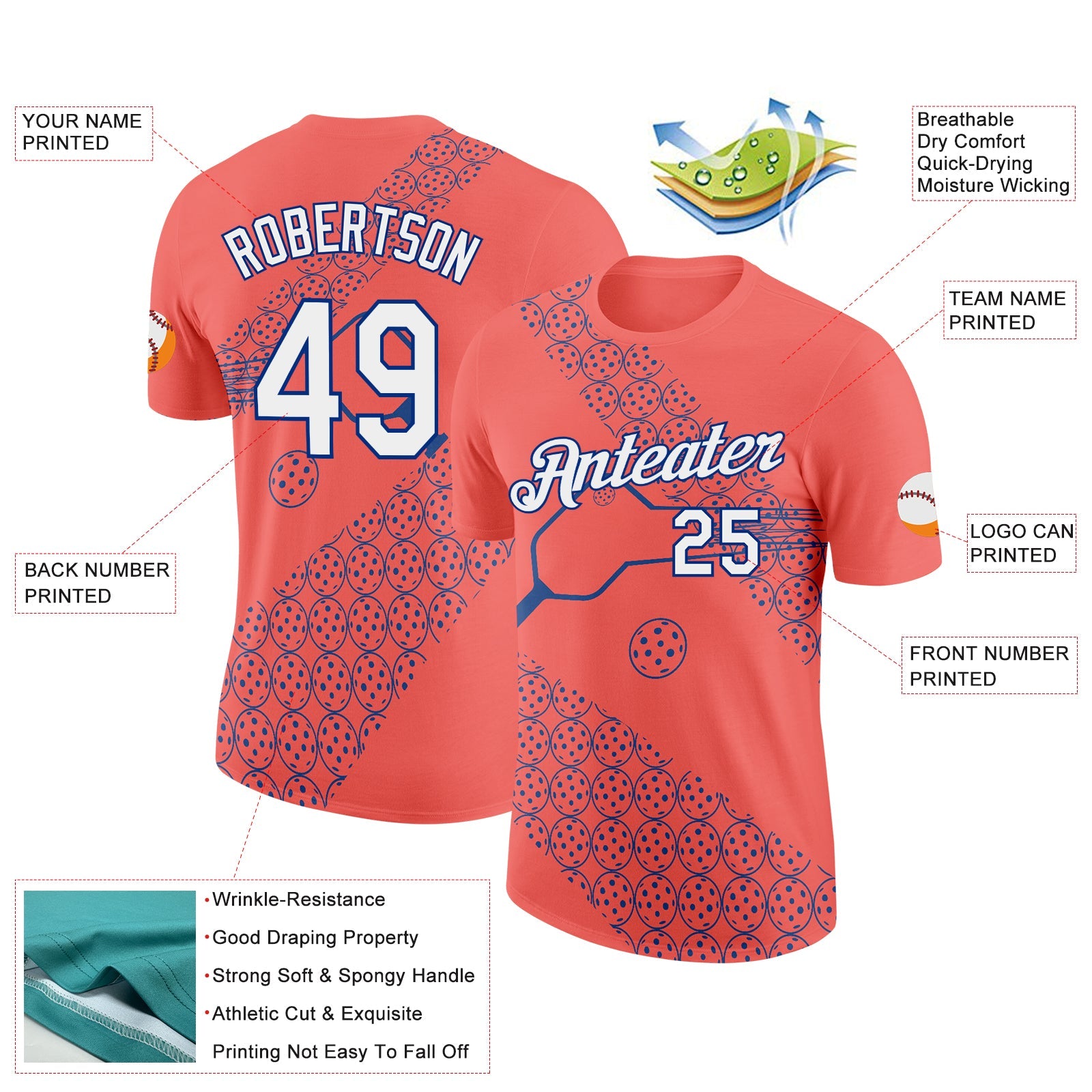 Custom Red White-Royal 3D Pickleball Paddles Balls Performance T-Shirt view 2