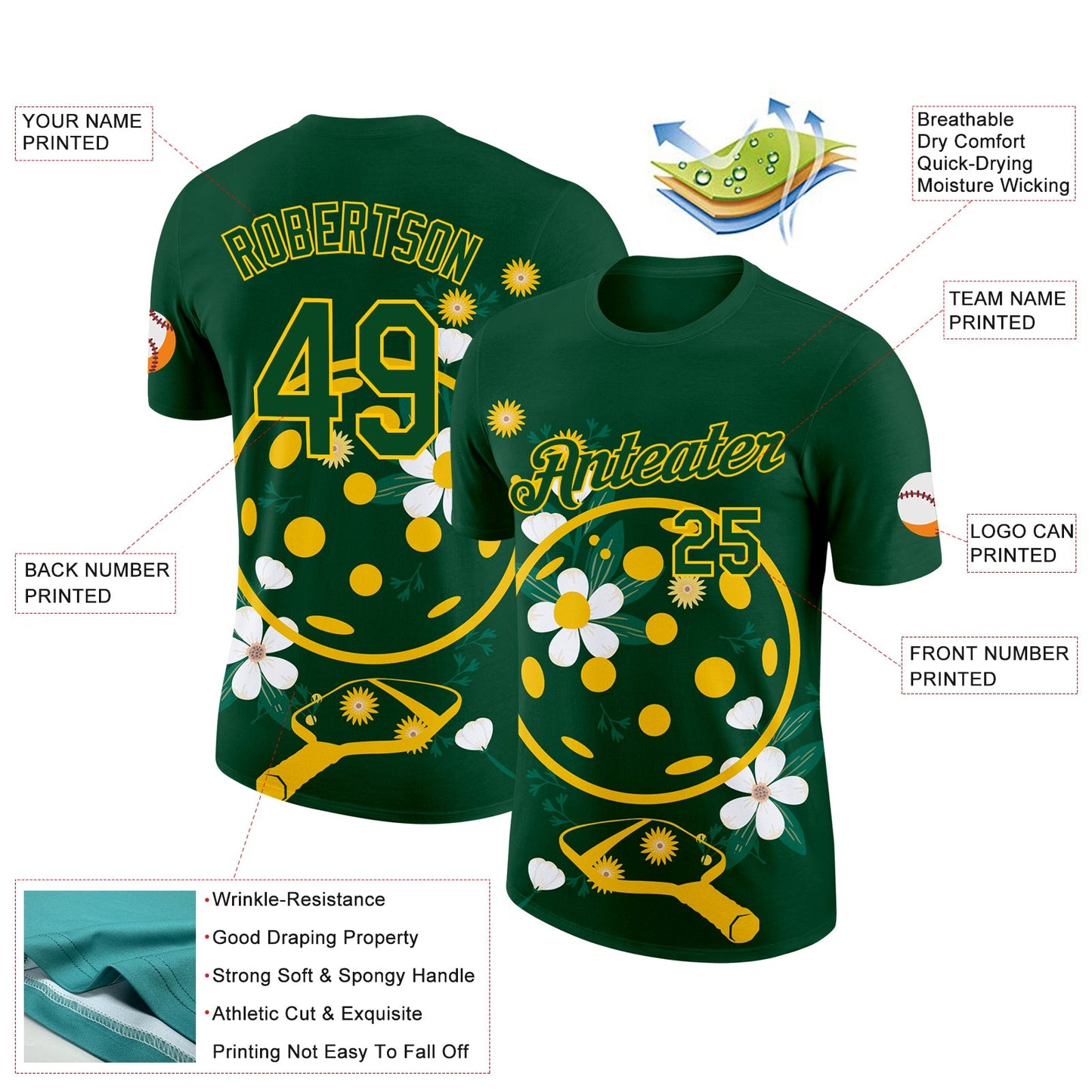 Custom Green Yellow 3D Pickleball Paddles Balls Floral Performance T-Shirt view 2