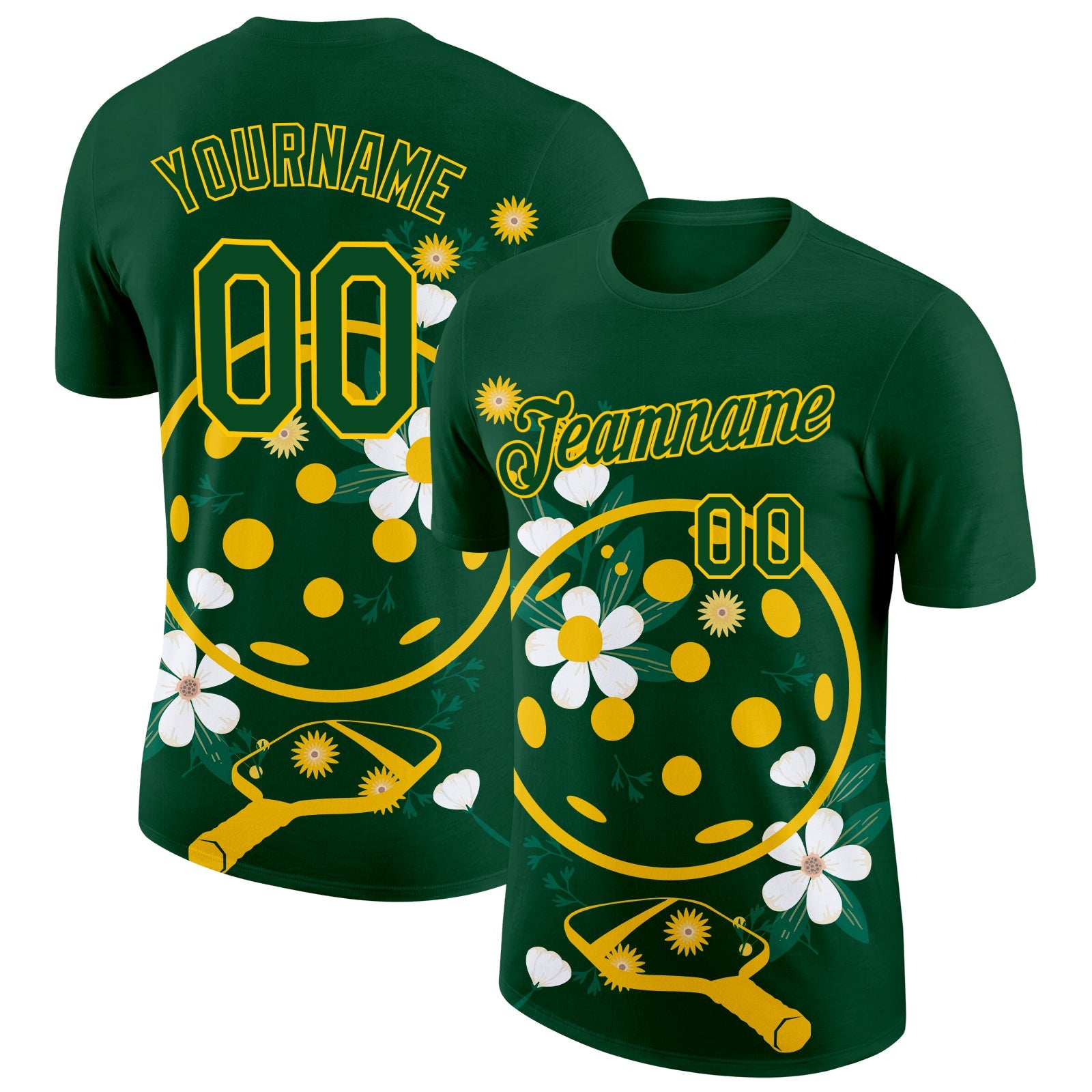 Custom Green Yellow 3D Pickleball Paddles Balls Floral Performance T-Shirt - Main View