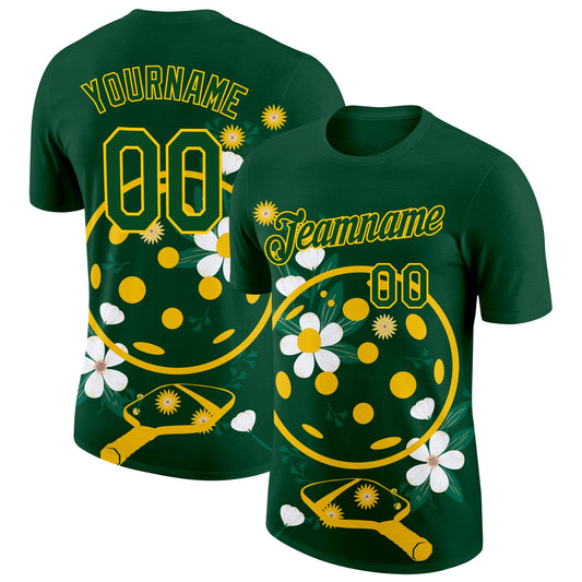 Custom Green Yellow 3D Pickleball Paddles Balls Floral Performance T-Shirt - Main View