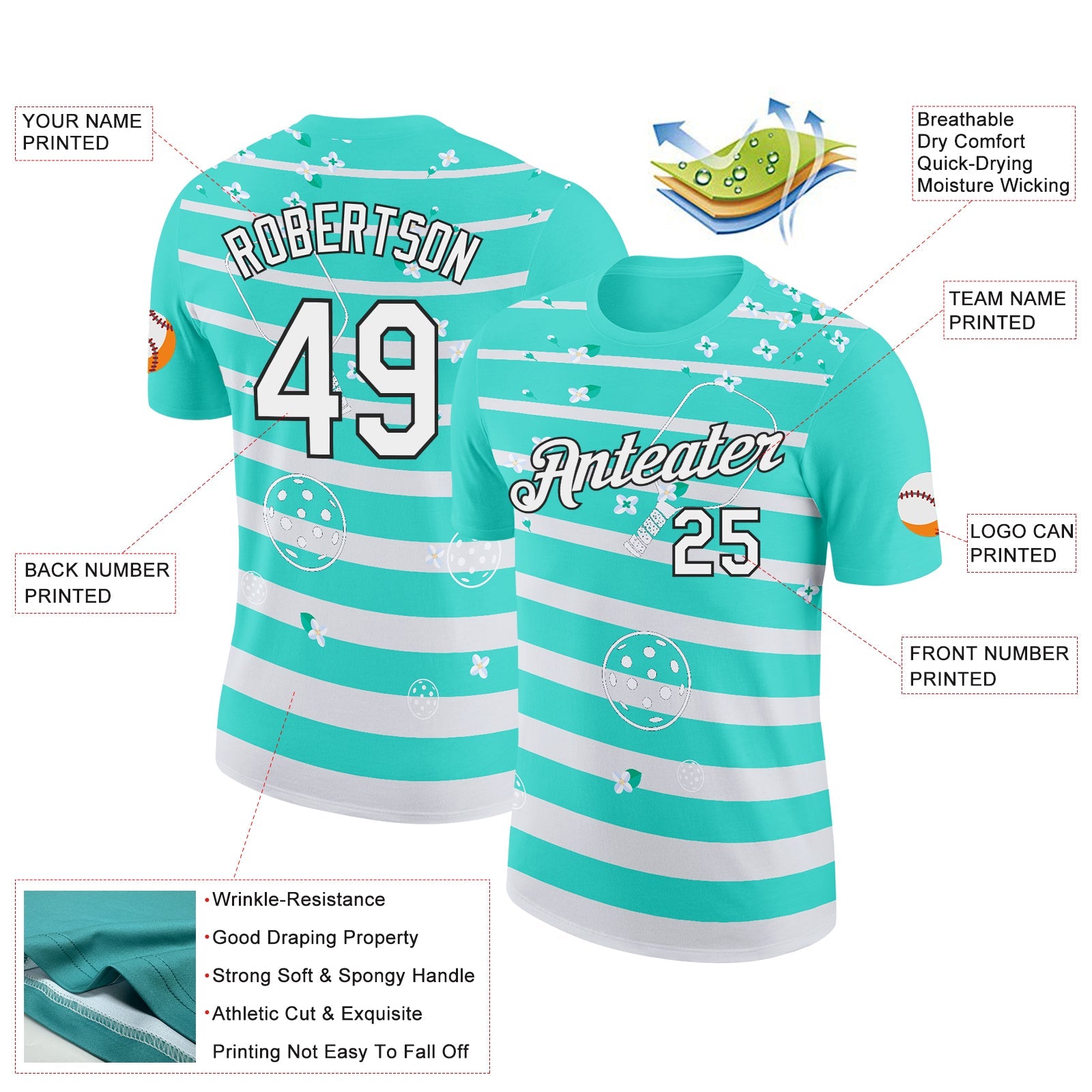 Custom Green White-Black 3D Pickleball Paddles Balls Floral Performance T-Shirt view 2