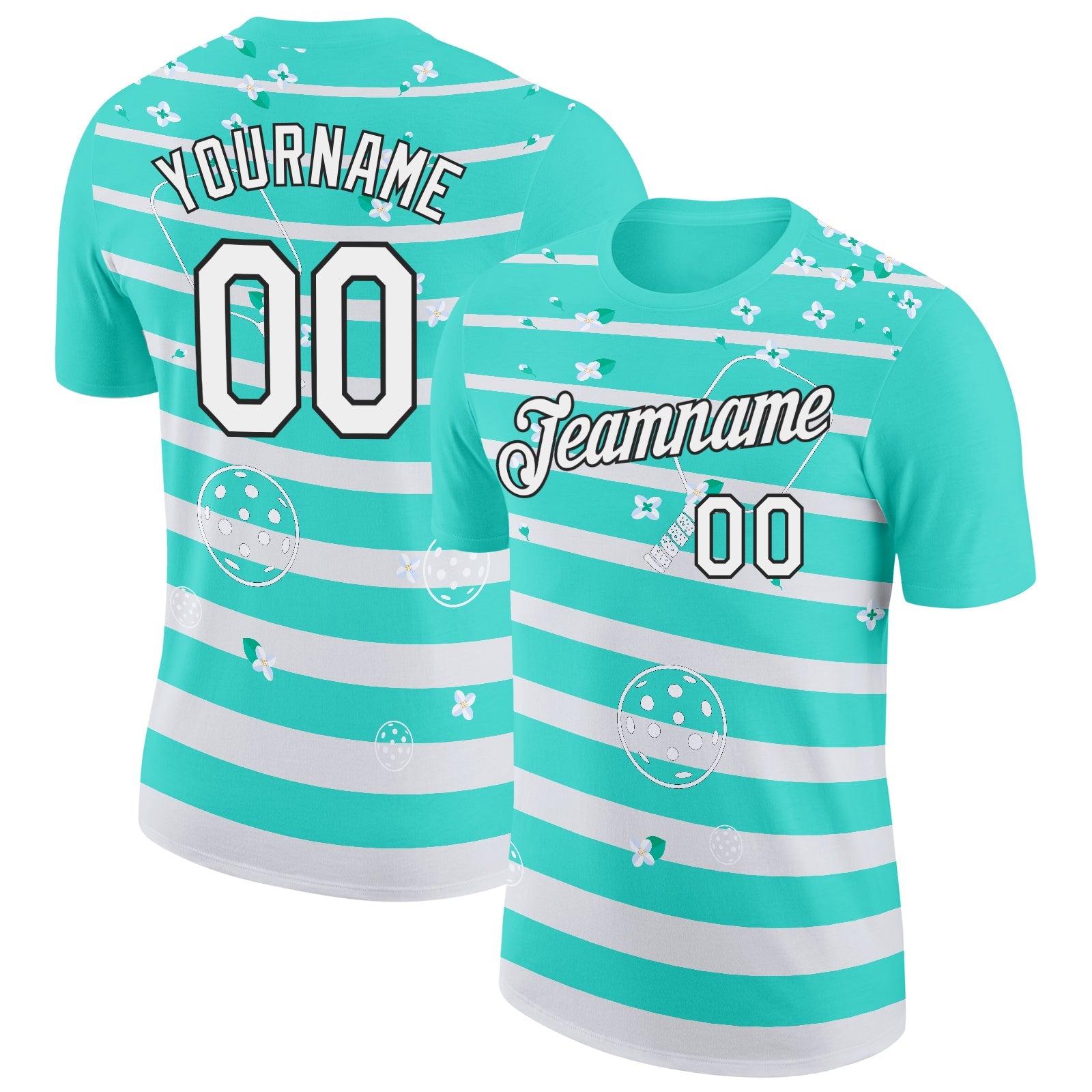Custom Green White-Black 3D Pickleball Paddles Balls Floral Performance T-Shirt - Main View