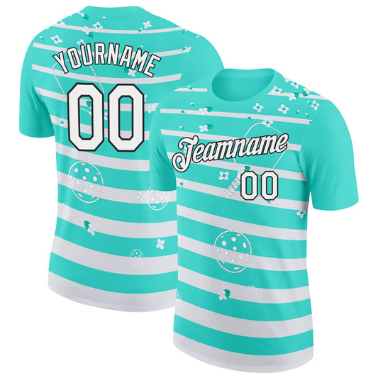 Custom Green White-Black 3D Pickleball Paddles Balls Floral Performance T-Shirt - Main View