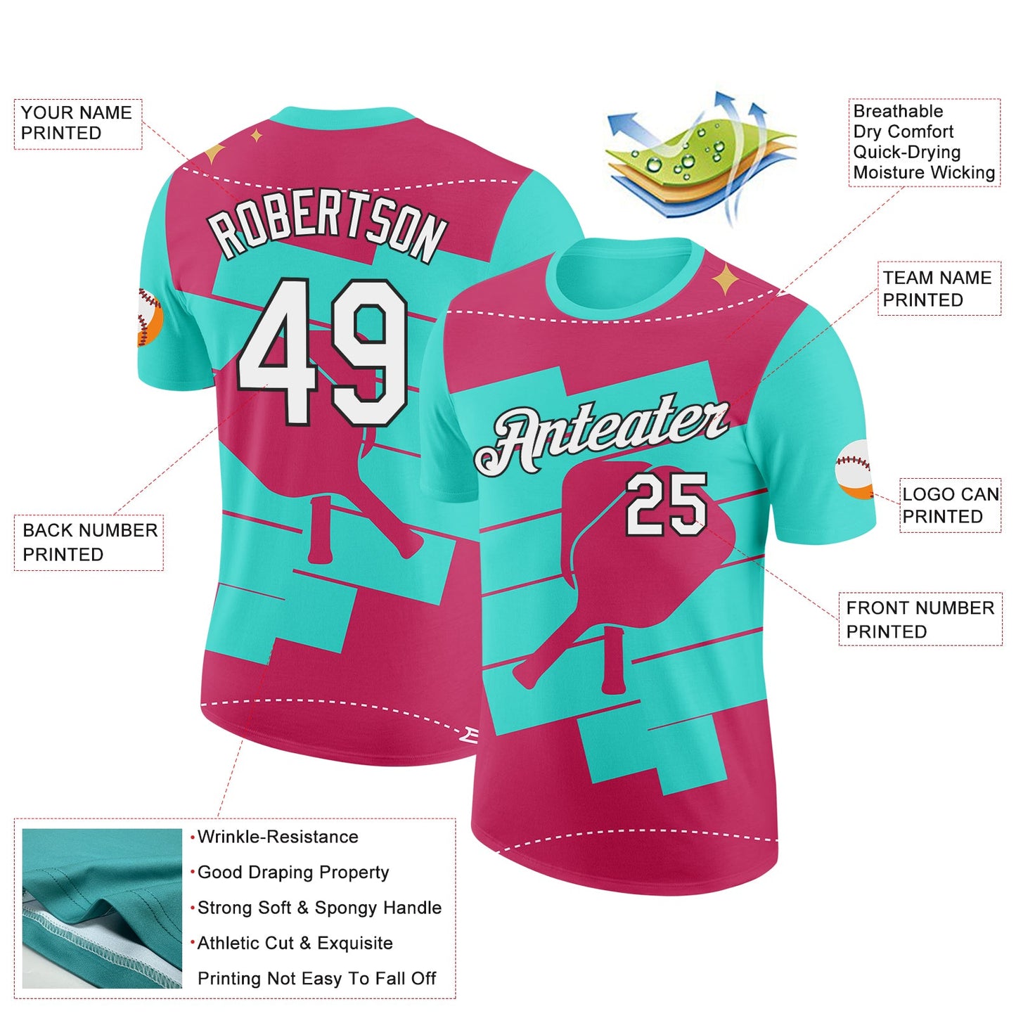 Custom Green White Red-Black 3D Pickleball Paddles Performance T-Shirt view 2