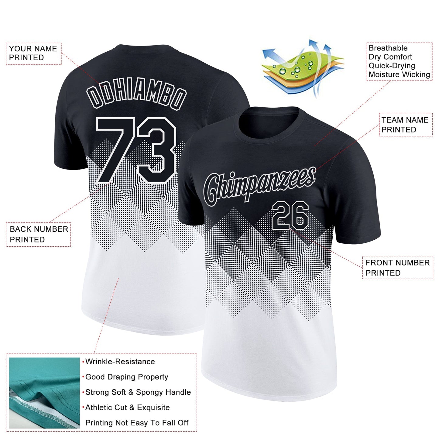 Custom Black White 3D Pattern Design Gradient Square Shapes Performance T-Shirt view 2