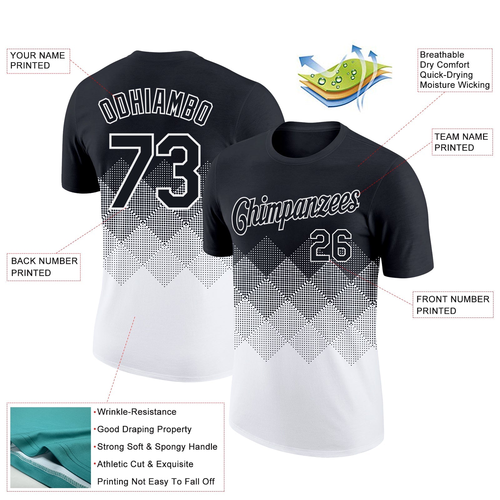 Custom Black White 3D Pattern Design Gradient Square Shapes Performance T-Shirt view 2