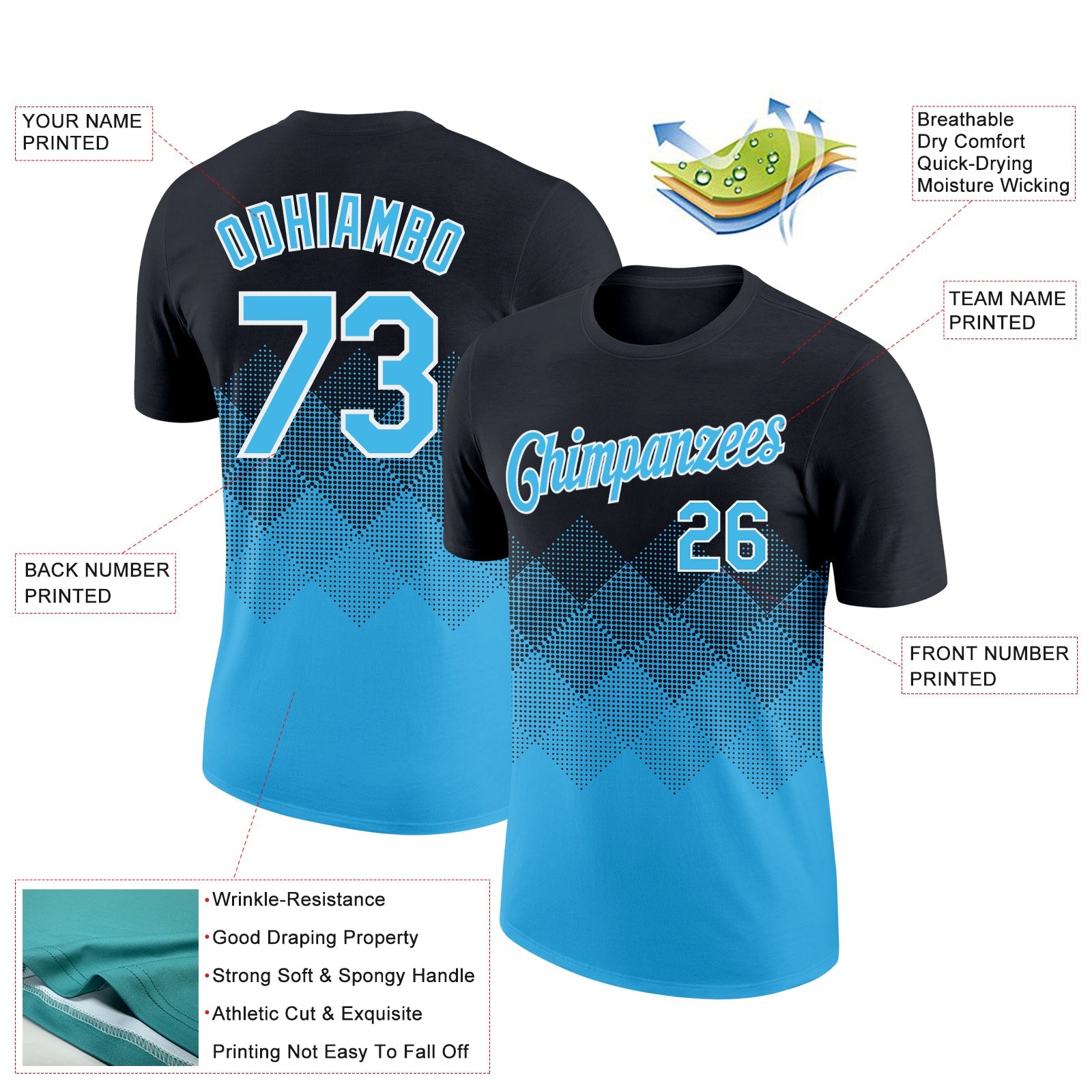 Custom Black Sky Blue-White 3D Pattern Design Gradient Square Shapes Performance T-Shirt view 2