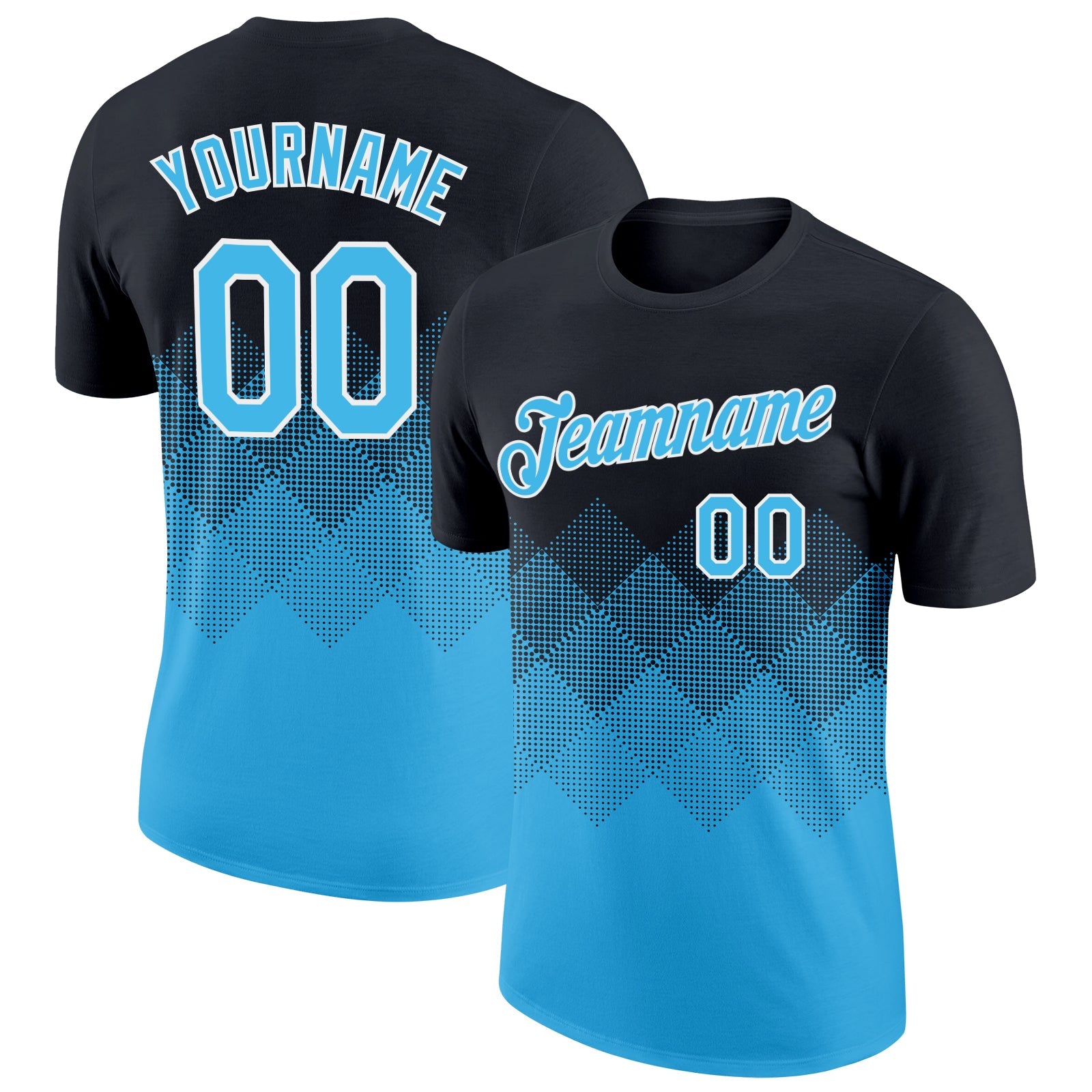 Custom Black Sky Blue-White 3D Pattern Design Gradient Square Shapes Performance T-Shirt - Main View