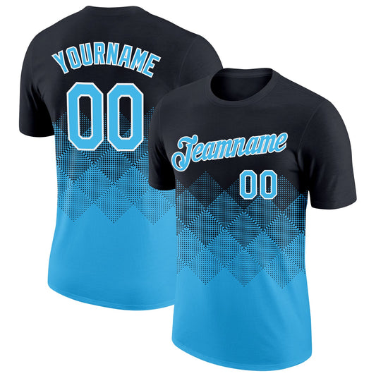 Custom Black Sky Blue-White 3D Pattern Design Gradient Square Shapes Performance T-Shirt - Main View