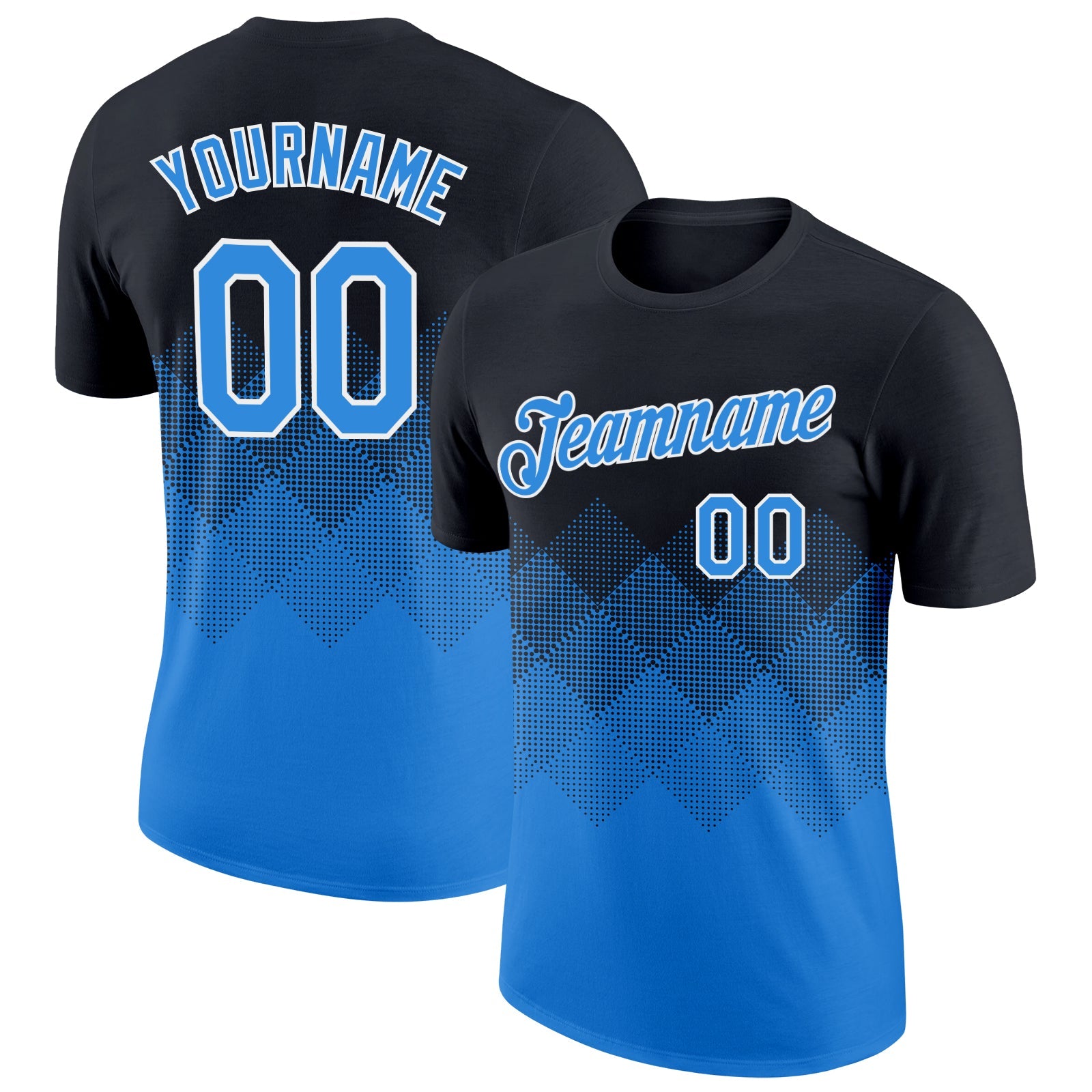 Custom Black Powder Blue-White 3D Pattern Design Gradient Square Shapes Performance T-Shirt - Main View