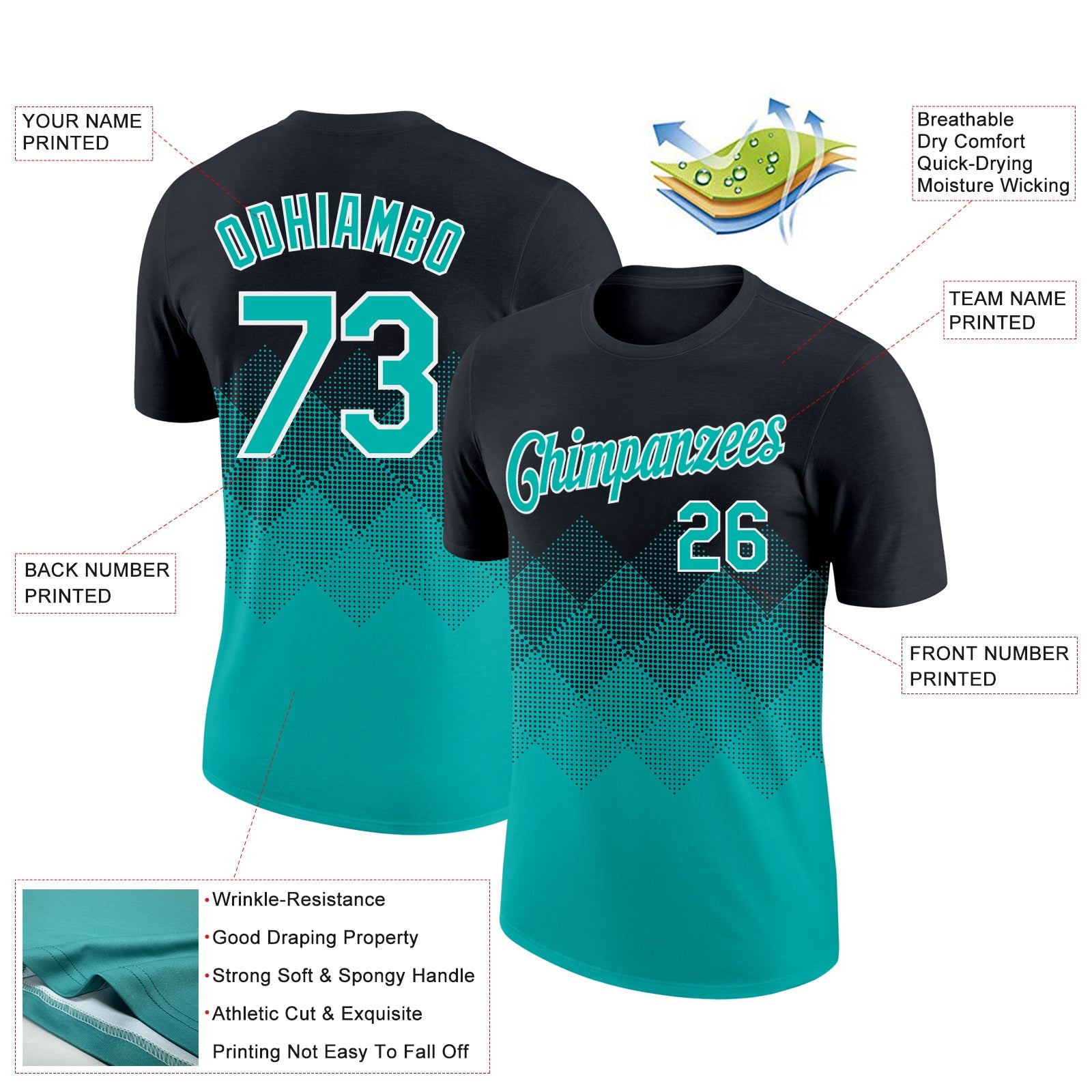 Custom Black Aqua-White 3D Pattern Design Gradient Square Shapes Performance T-Shirt view 2