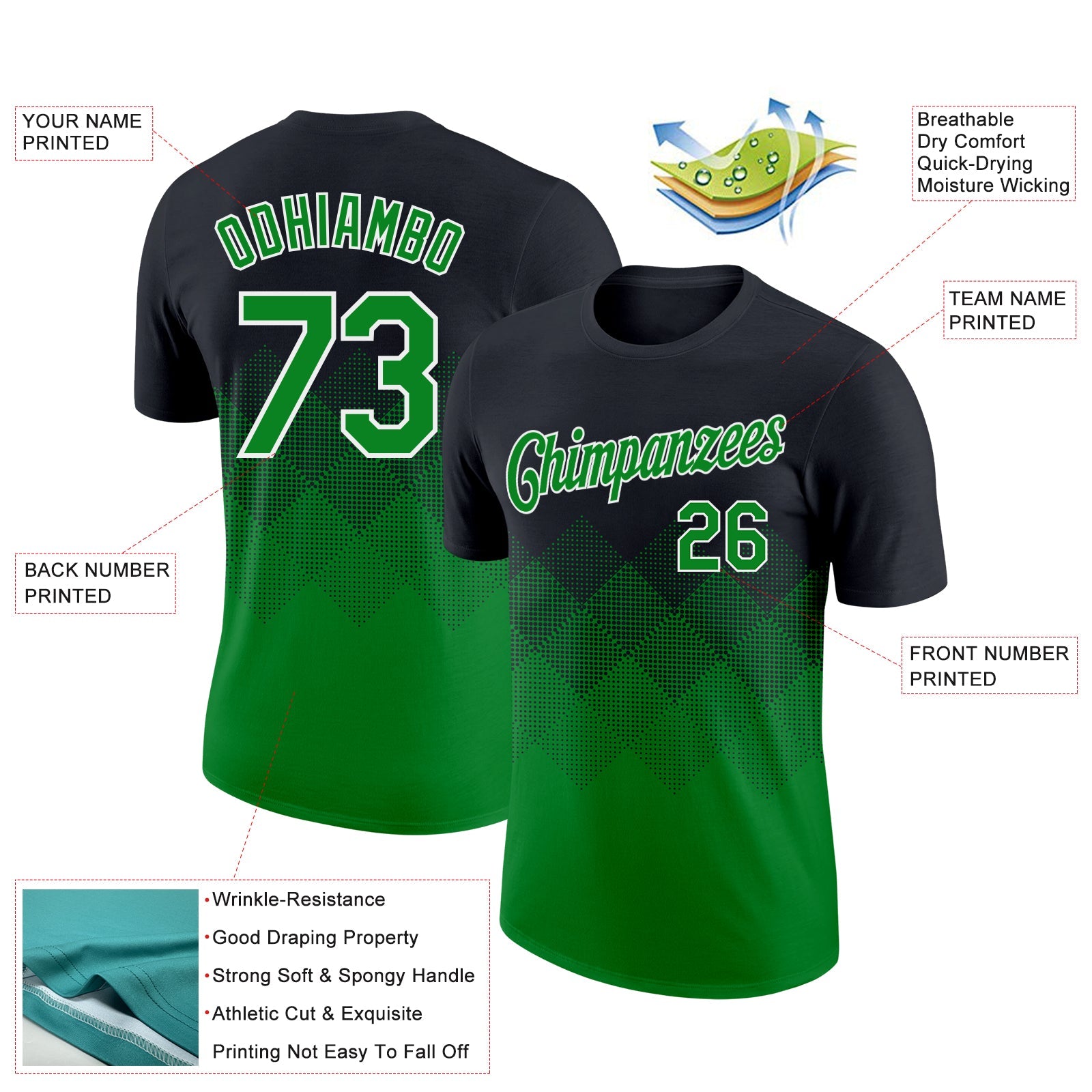 Custom Black Grass Green-White 3D Pattern Design Gradient Square Shapes Performance T-Shirt view 2