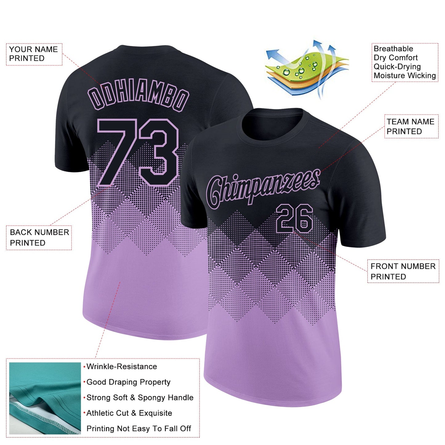 Custom Black Light Purple 3D Pattern Design Gradient Square Shapes Performance T-Shirt view 2