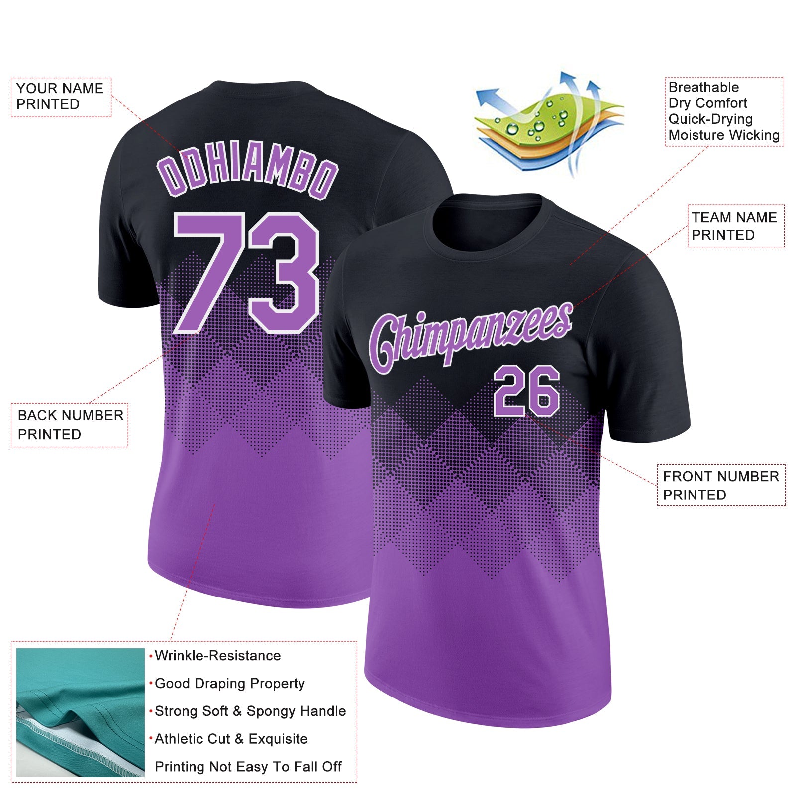 Custom Black Medium Purple-White 3D Pattern Design Gradient Square Shapes Performance T-Shirt view 2