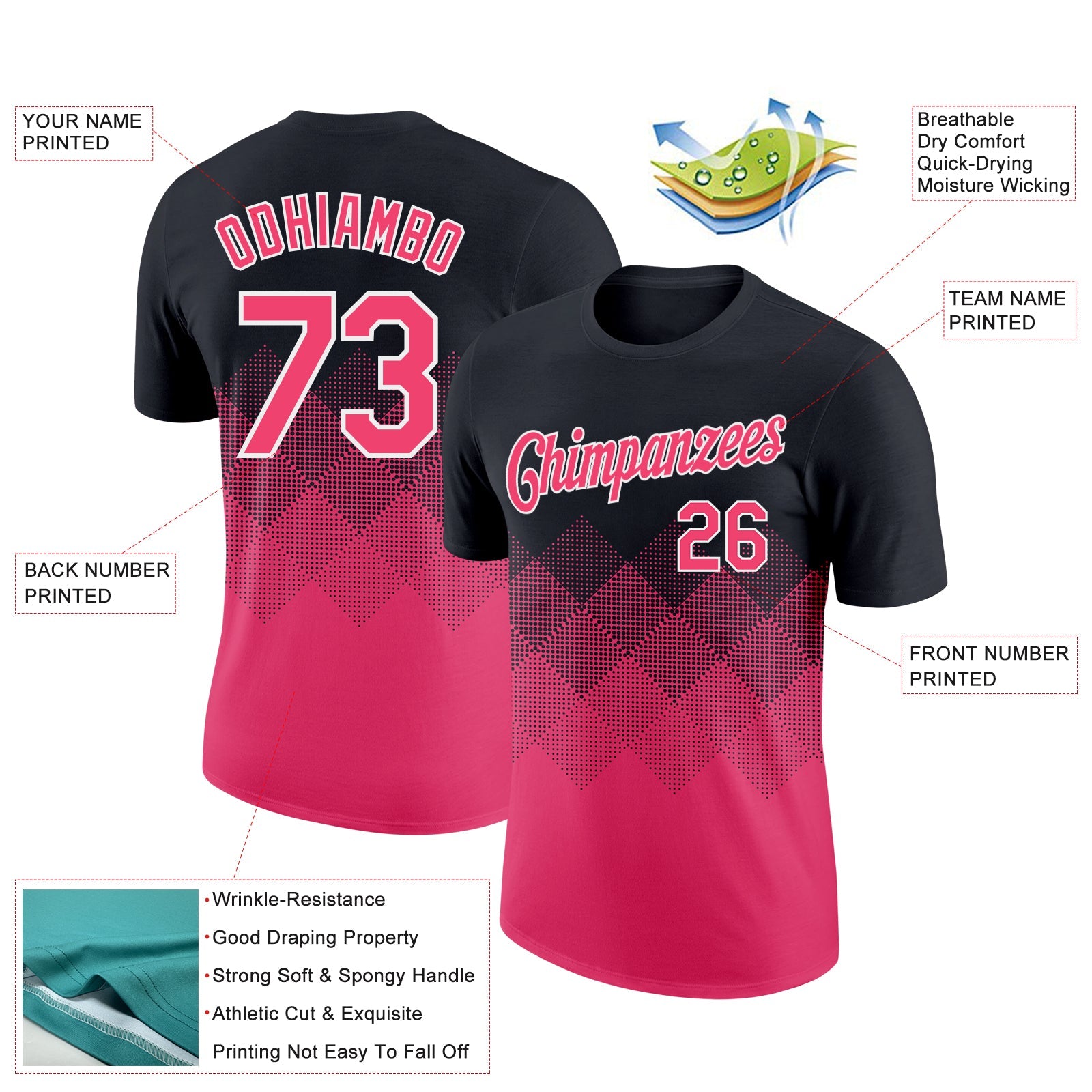 Custom Black Neon Pink-White 3D Pattern Design Gradient Square Shapes Performance T-Shirt view 2