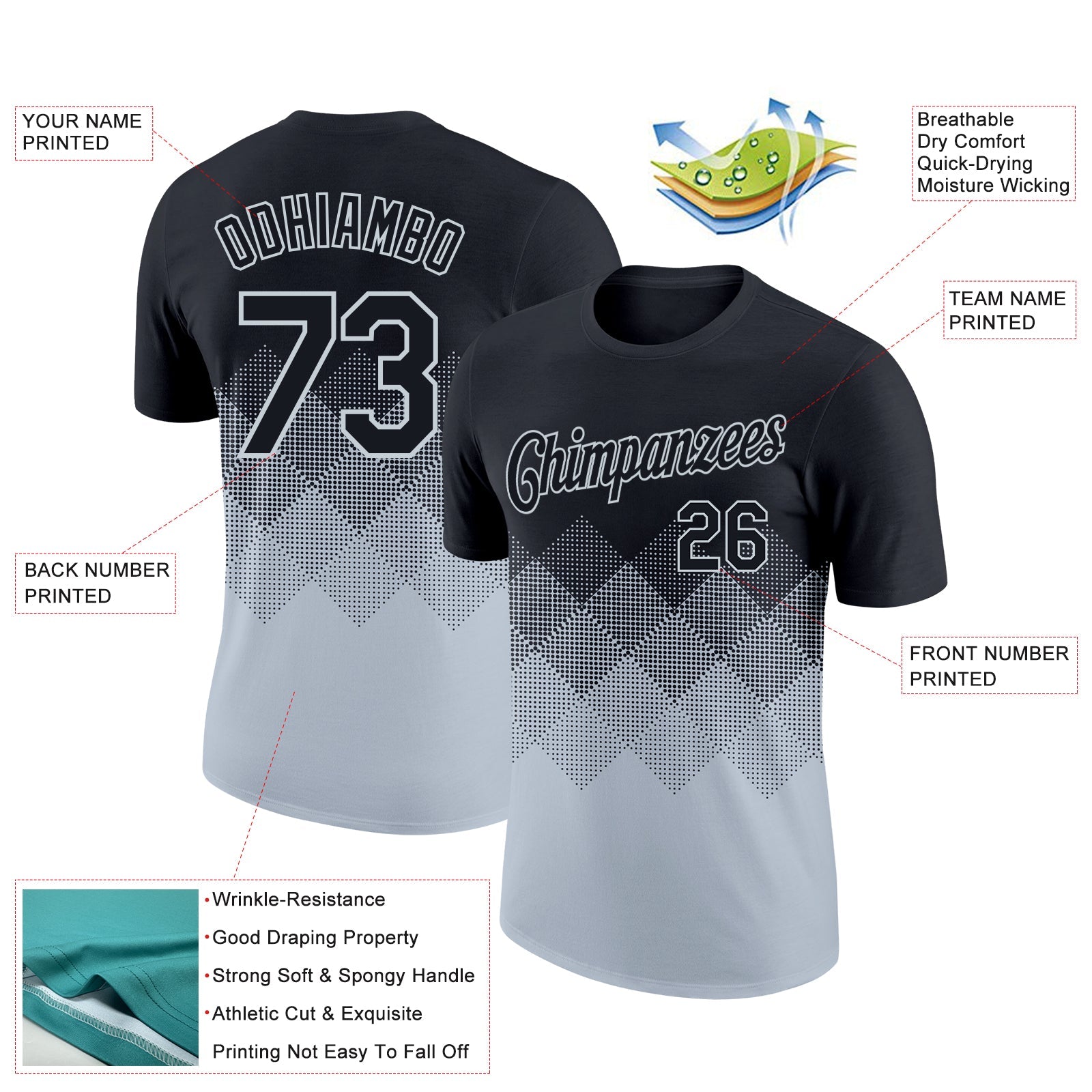 Custom Black Silver 3D Pattern Design Gradient Square Shapes Performance T-Shirt view 2