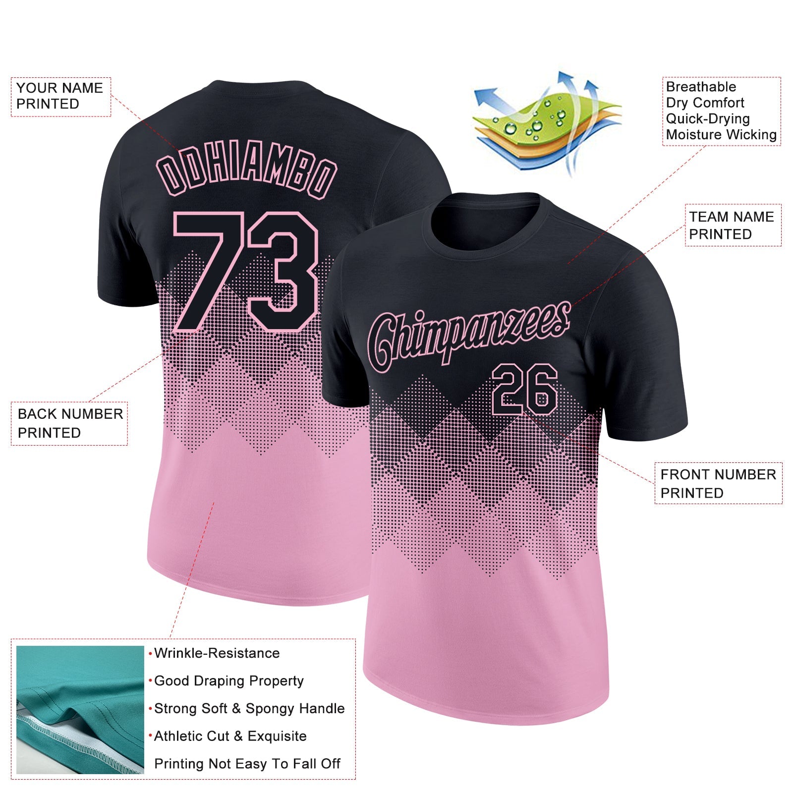Custom Black Light Pink 3D Pattern Design Gradient Square Shapes Performance T-Shirt view 2