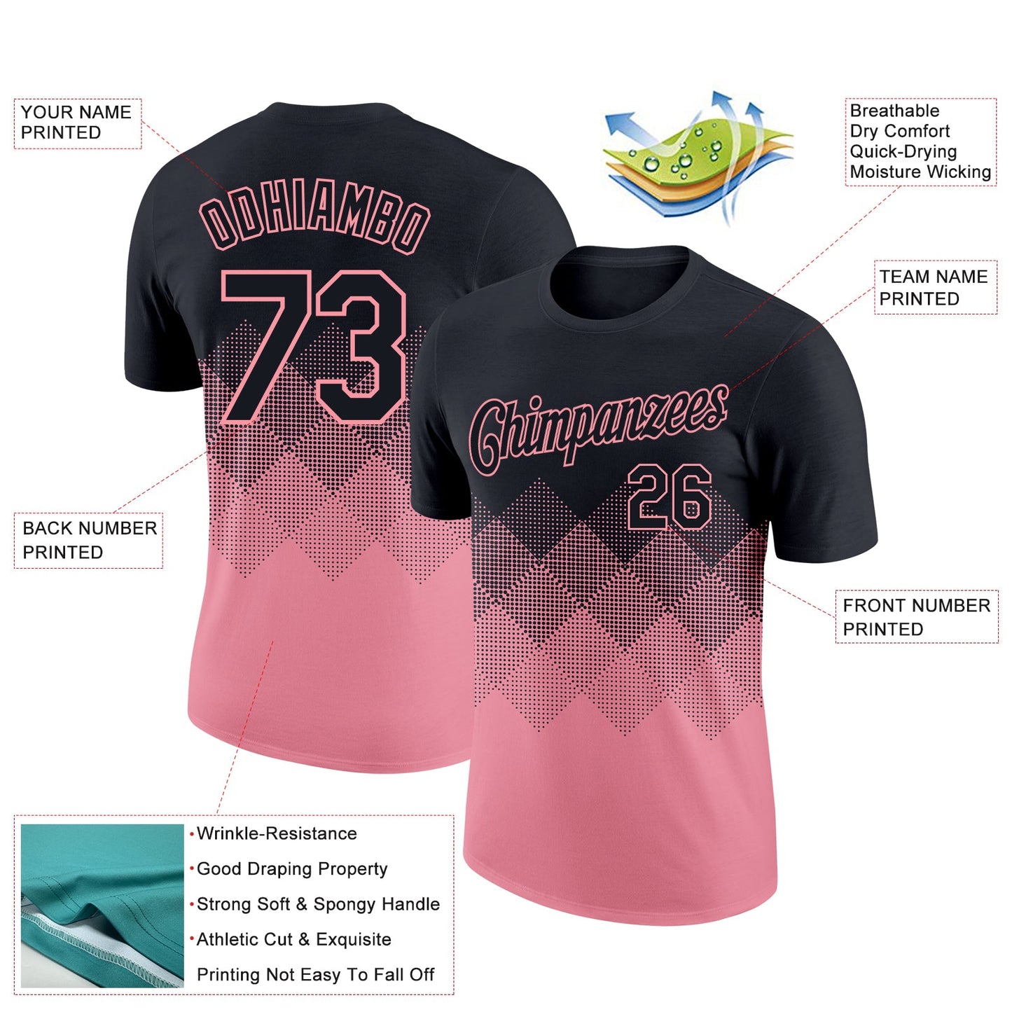 Custom Black Medium Pink 3D Pattern Design Gradient Square Shapes Performance T-Shirt view 2